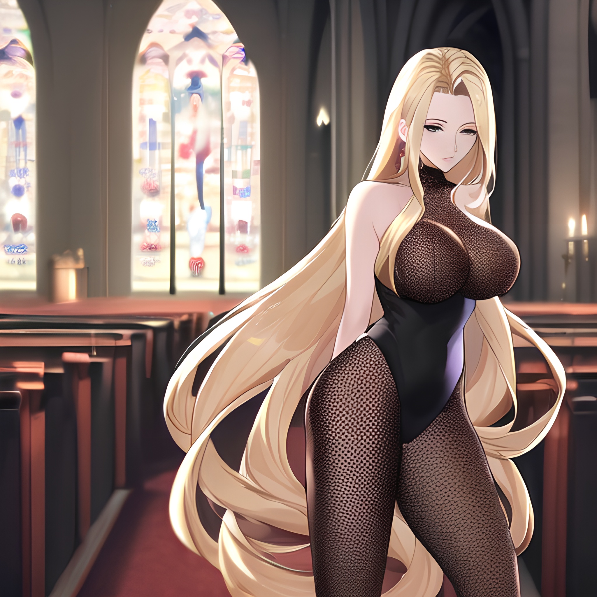 fishnet church woman front view long hair small boobs nude blonde 