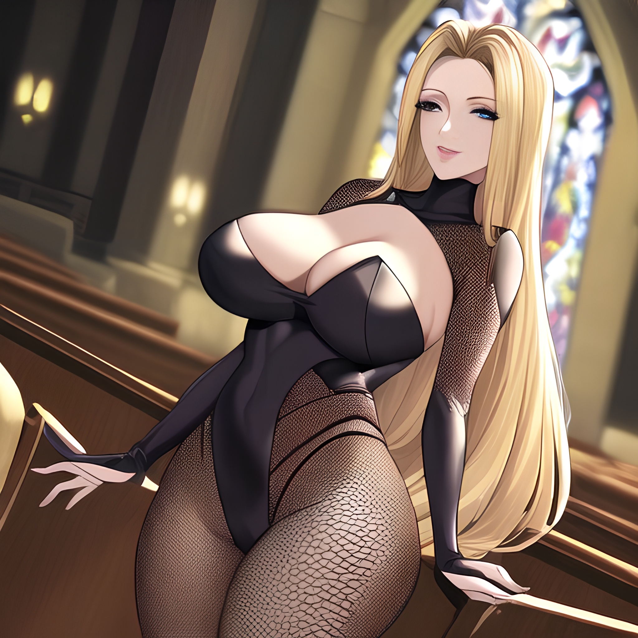 fishnet church woman front view small boobs nude blonde long hair 