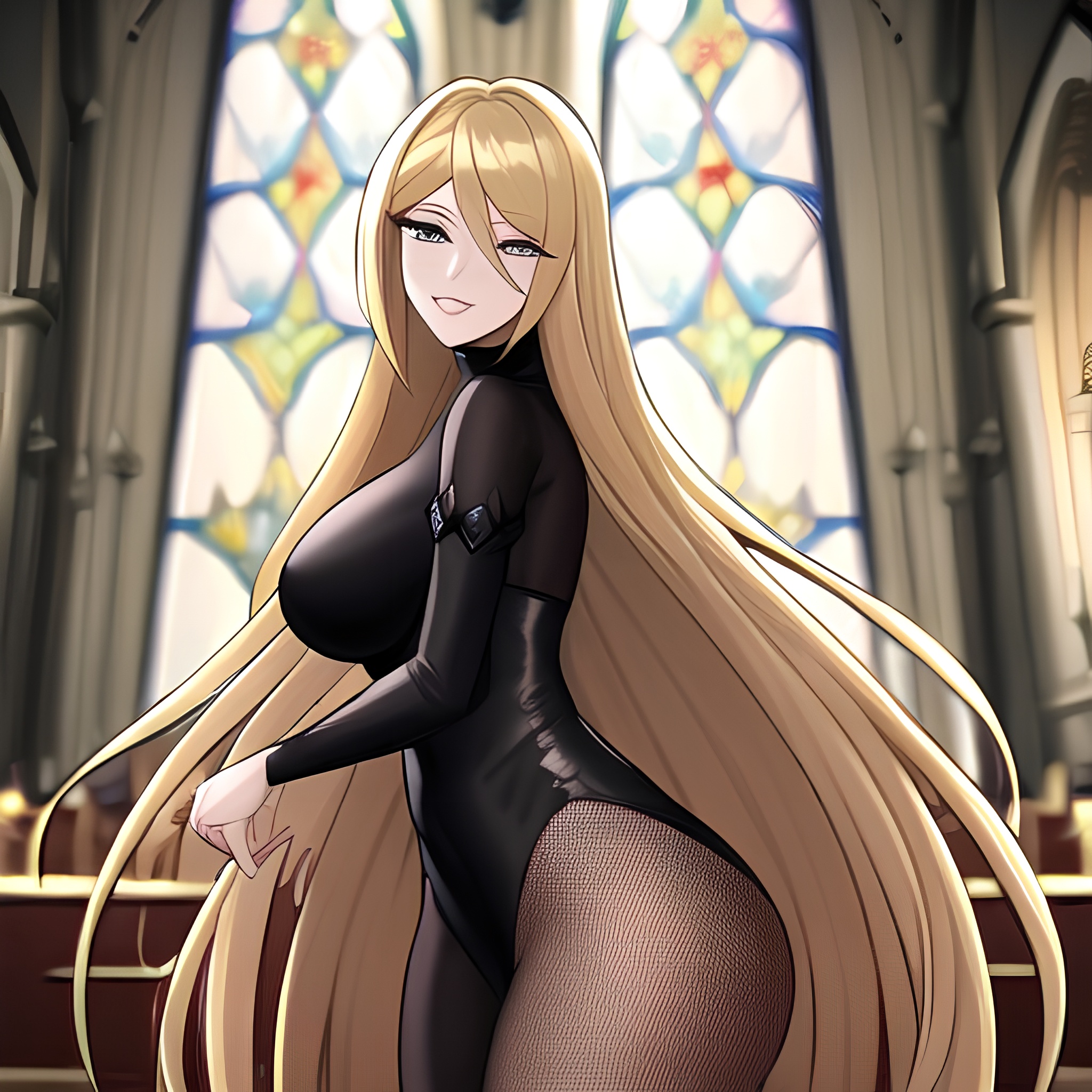 fishnet church woman long hair blonde 