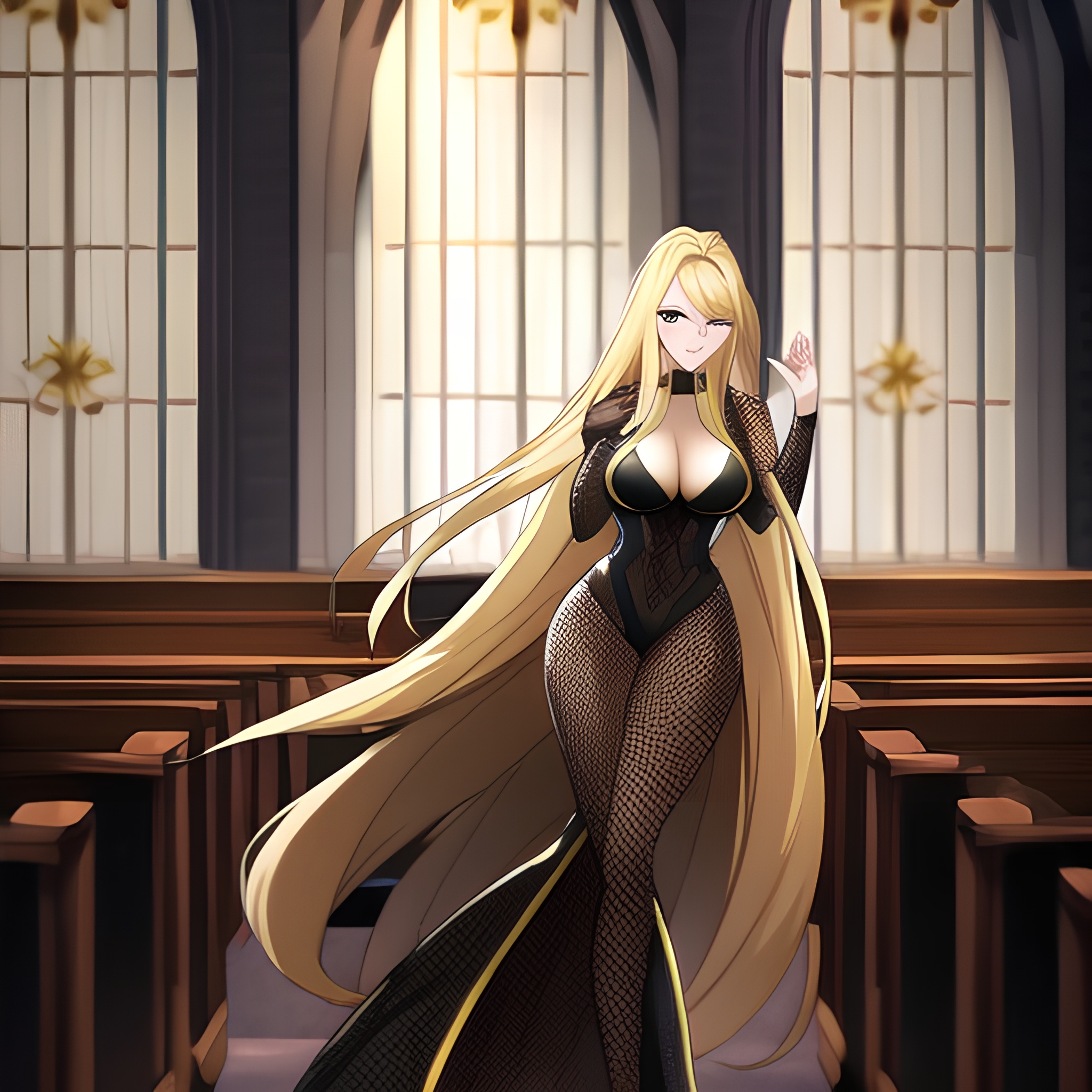 fishnet church woman long hair blonde 