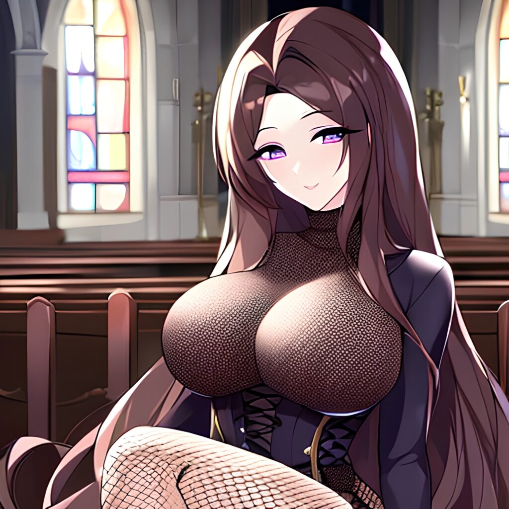 fishnet church woman long hair brunette messy hair 