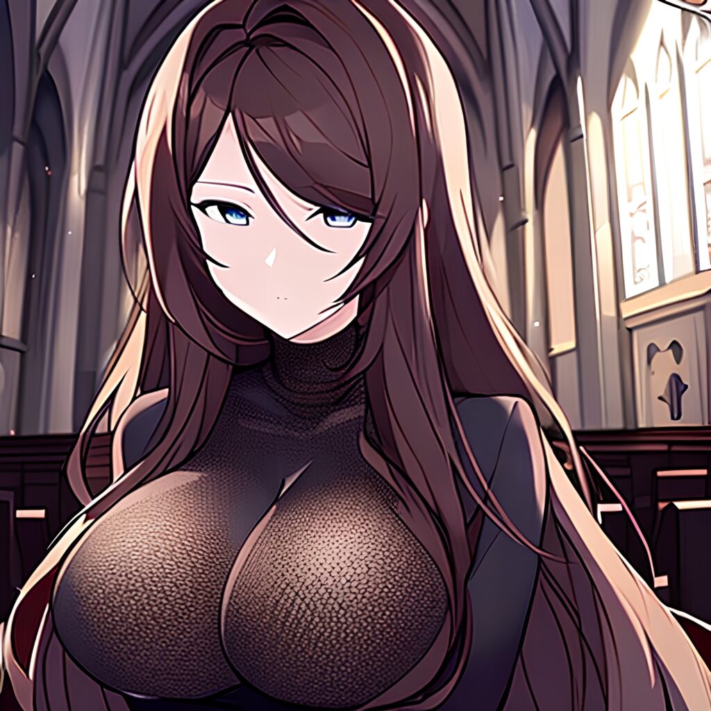 fishnet church woman long hair brunette messy hair 