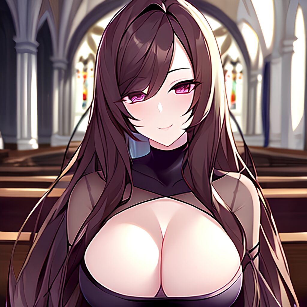 fishnet church woman long hair brunette messy hair 