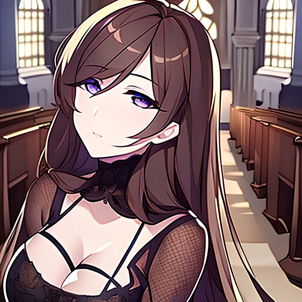 fishnet church woman long hair brunette messy hair 