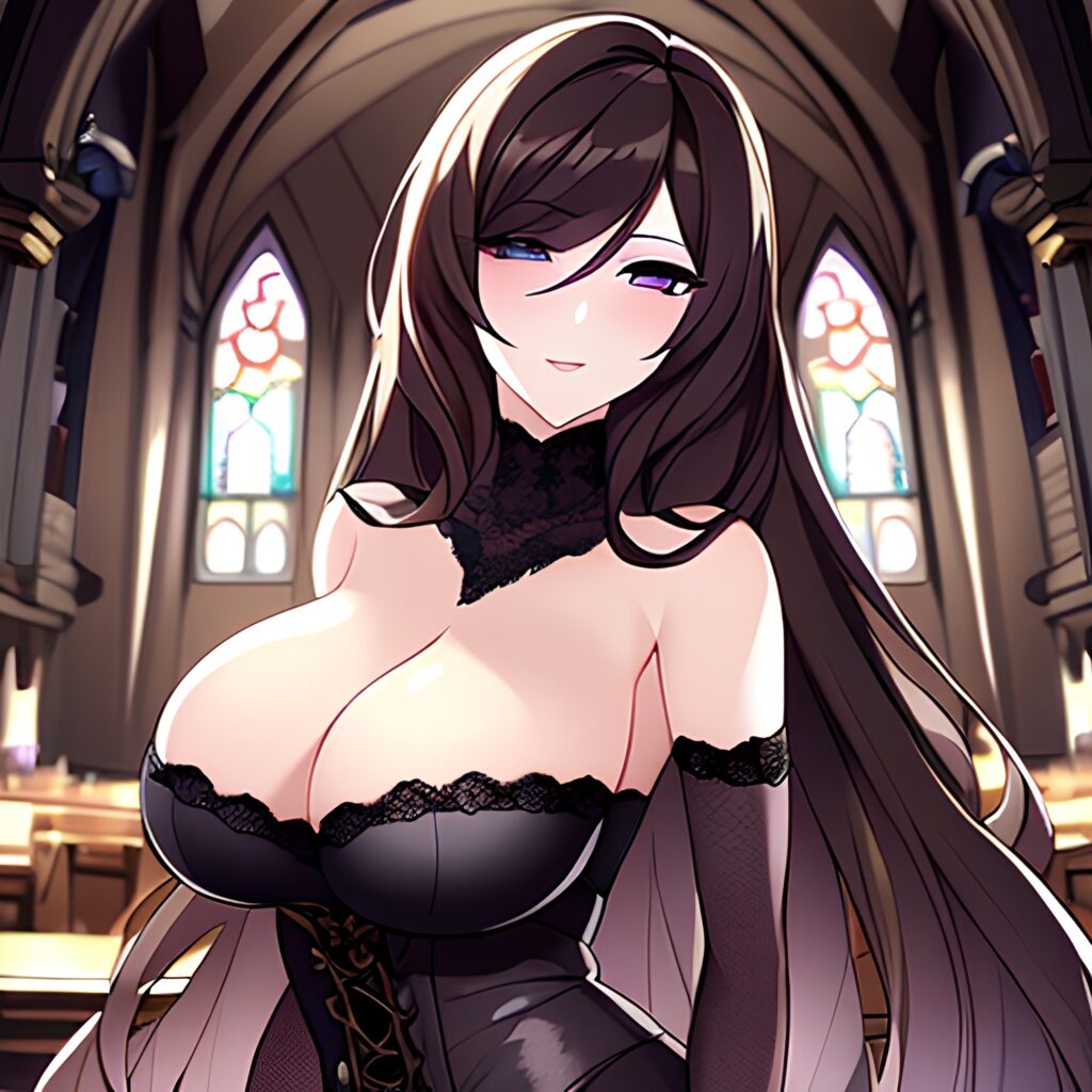 fishnet church woman long hair messy hair brunette
