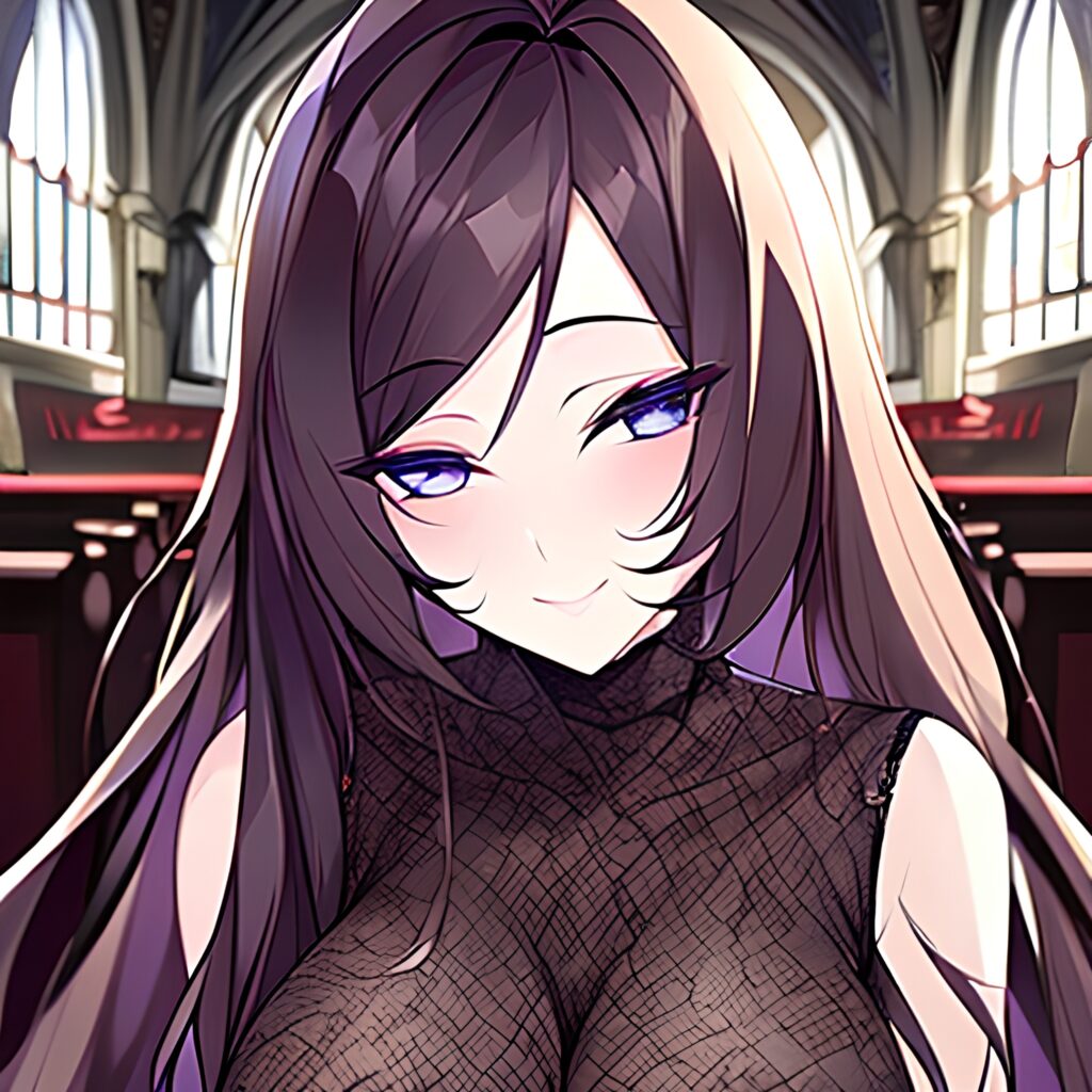 fishnet church woman long hair messy hair brunette 