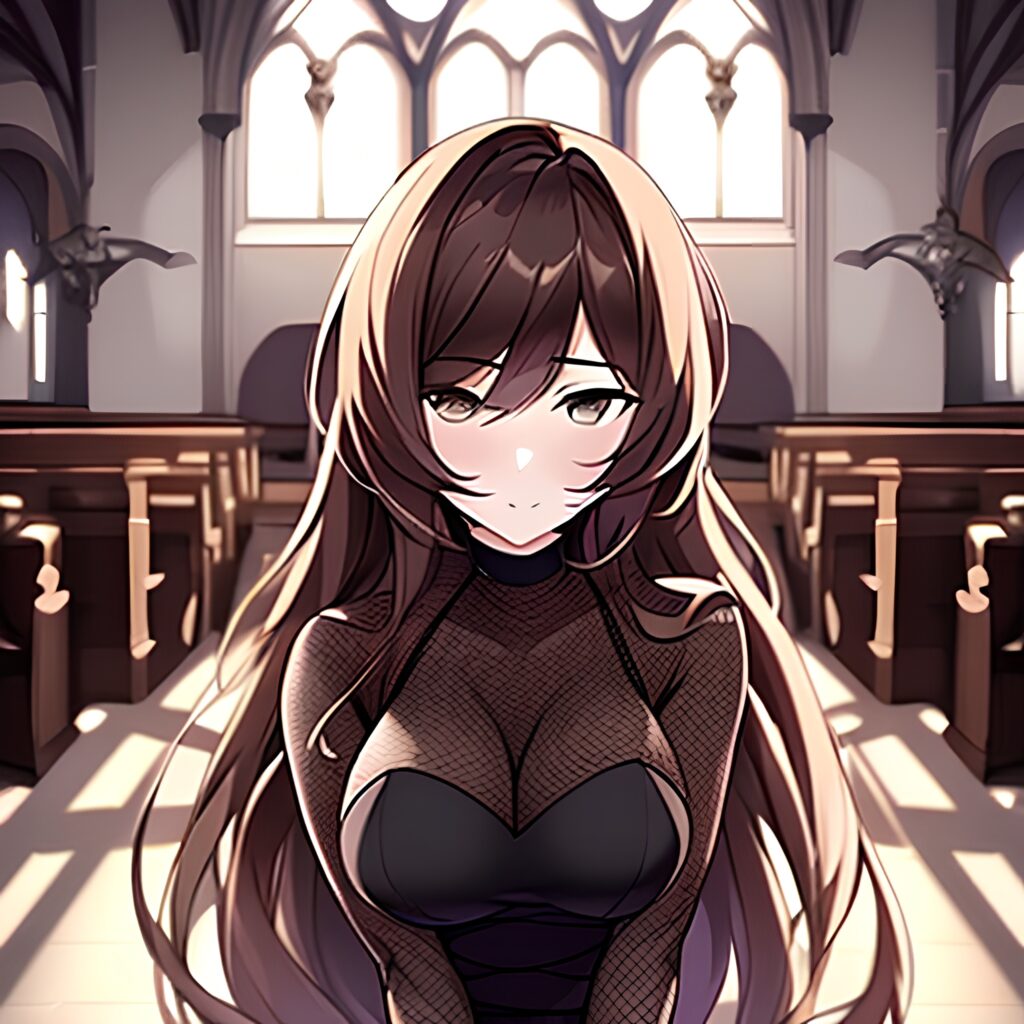fishnet church woman long hair messy hair brunette 