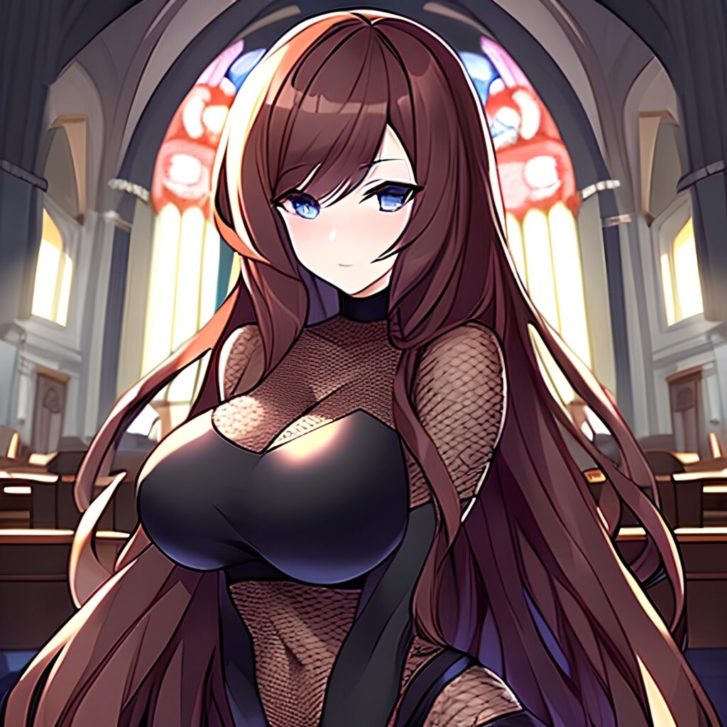 fishnet church woman long hair messy hair brunette 