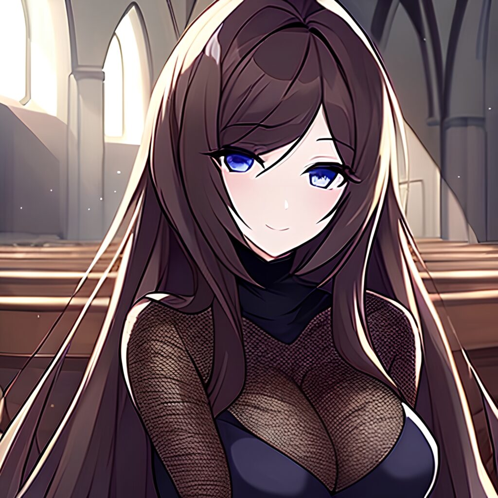 fishnet church woman messy hair brunette long hair 