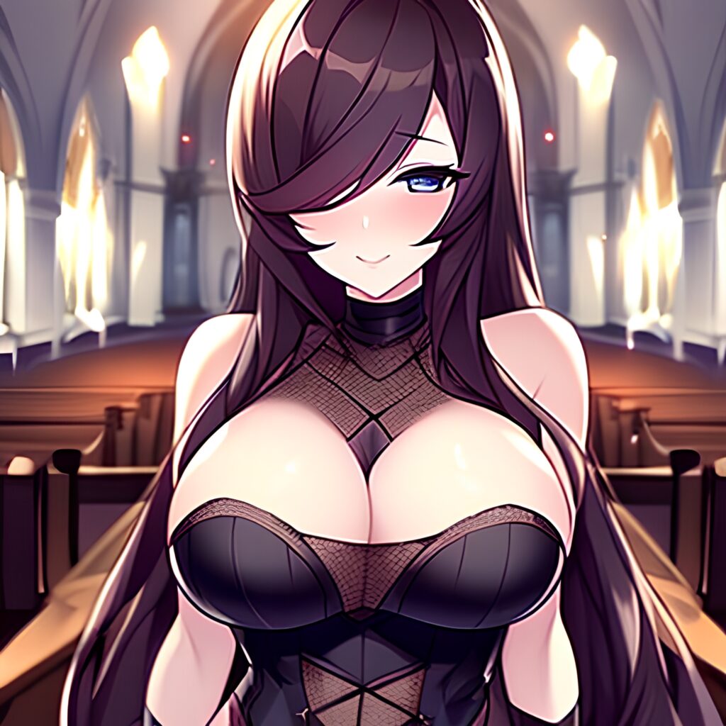 fishnet church woman messy hair brunette long hair 