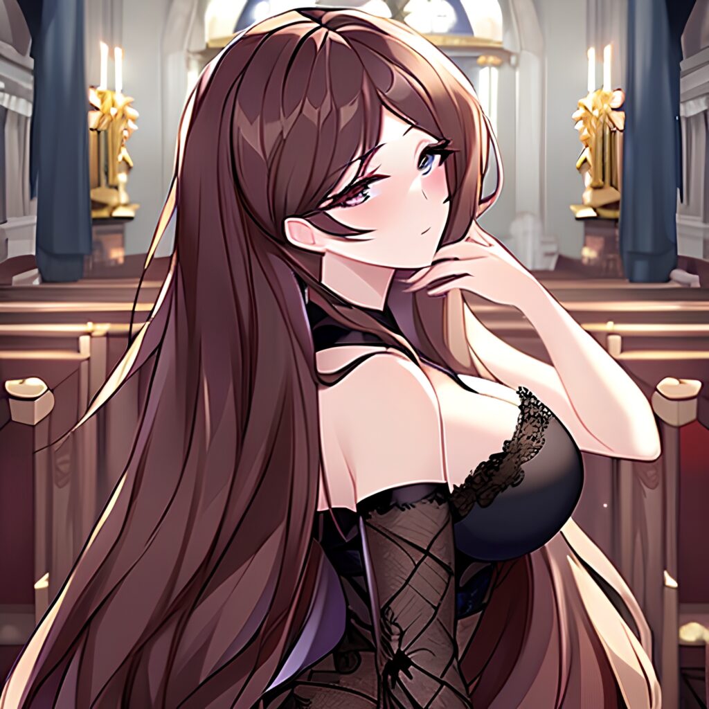 fishnet church woman messy hair brunette long hair 