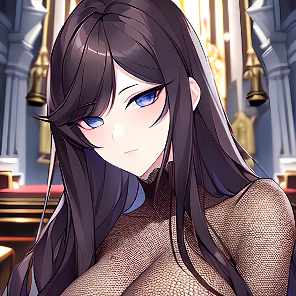 fishnet church woman messy hair brunette long hair 