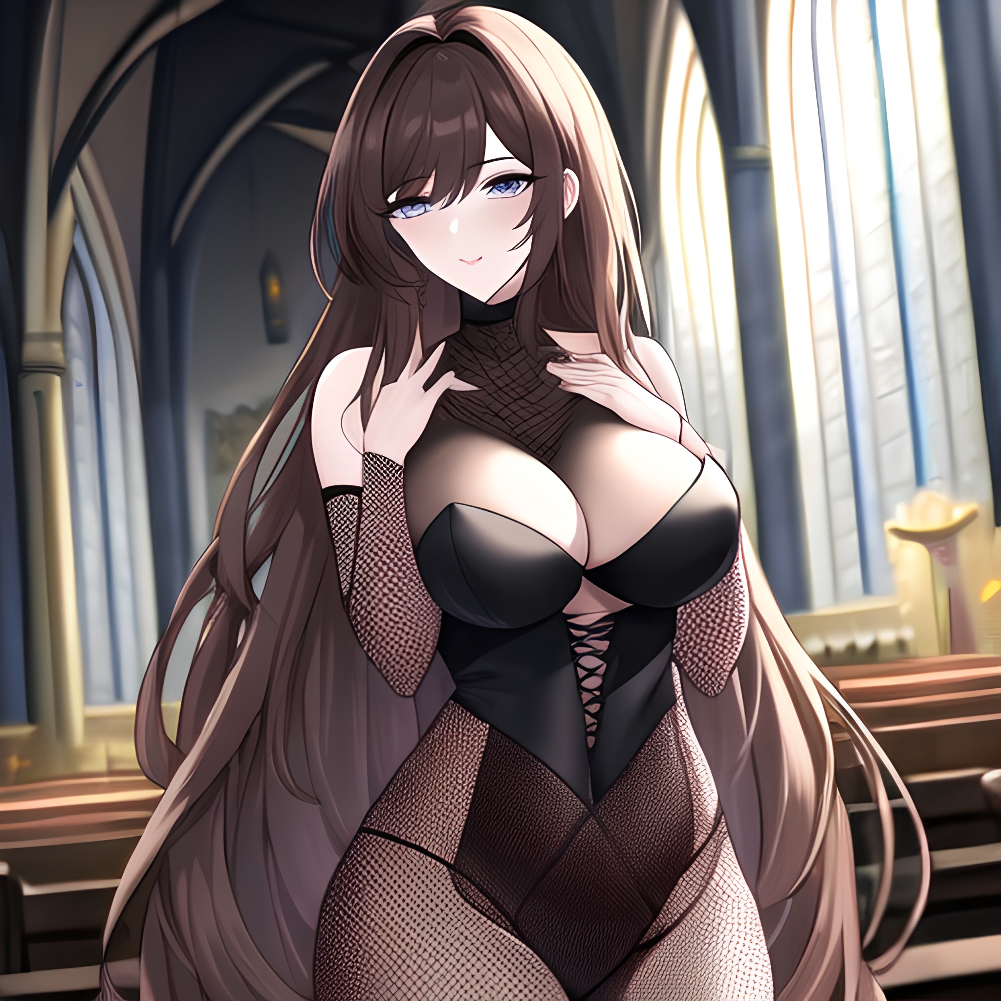 fishnet church woman messy hair brunette long hair 
