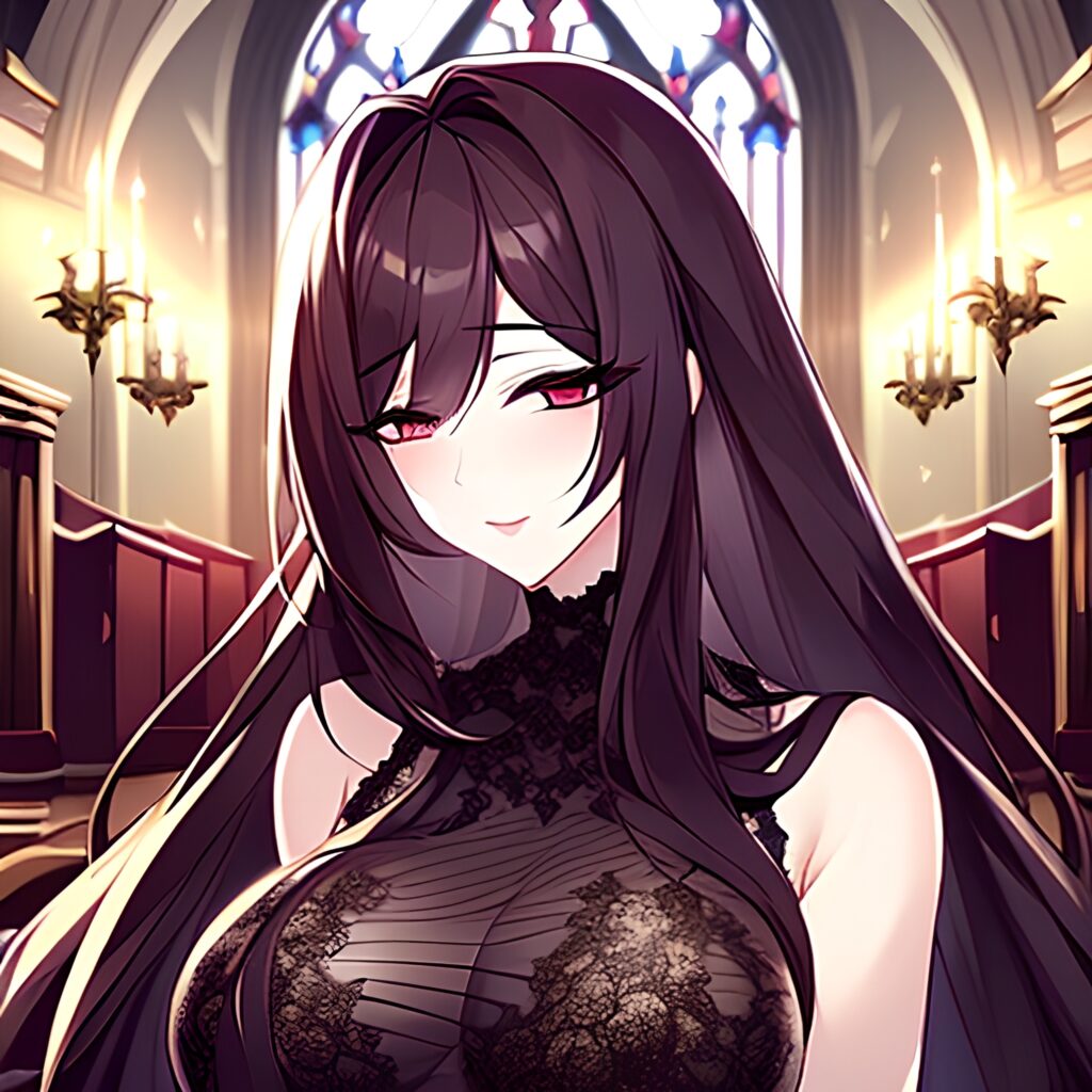 fishnet church woman messy hair long hair brunette 