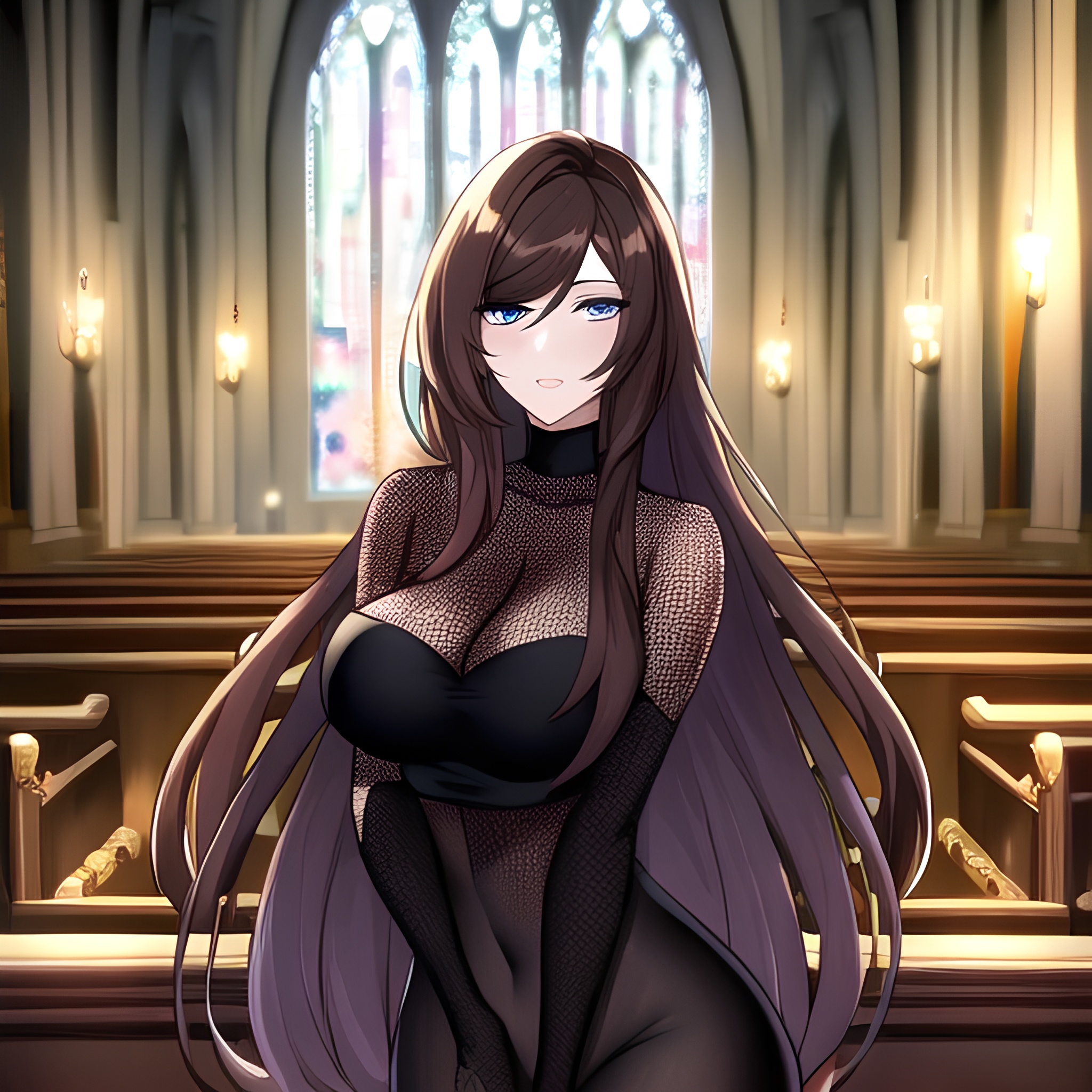 fishnet church woman messy hair long hair brunette 