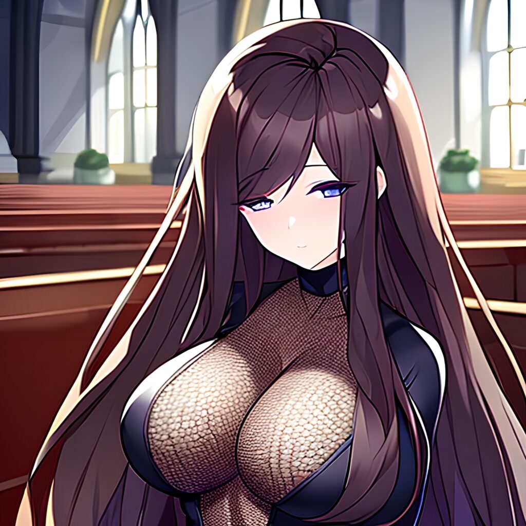 fishnet church woman messy hair long hair brunette