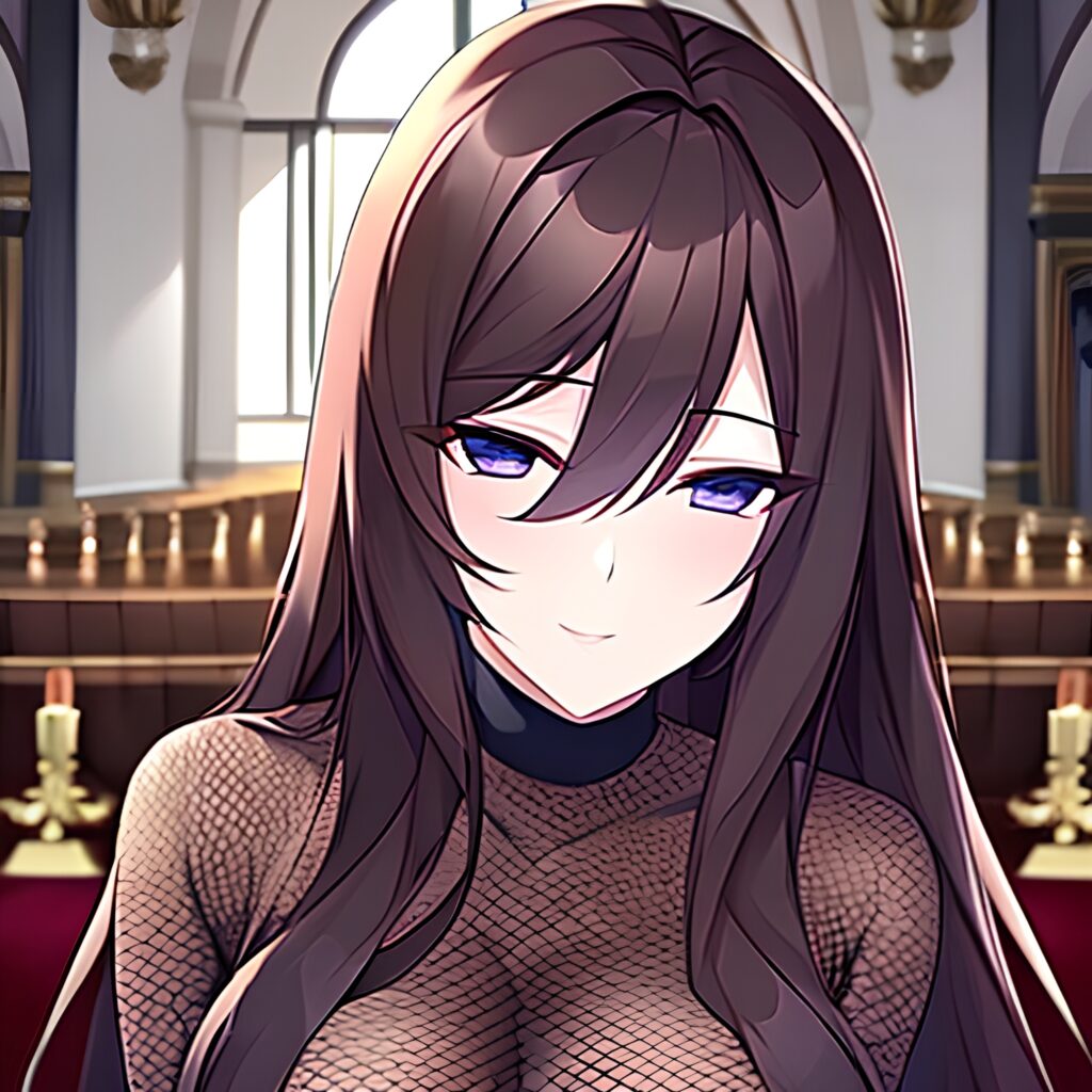 fishnet church woman messy hair long hair brunette 