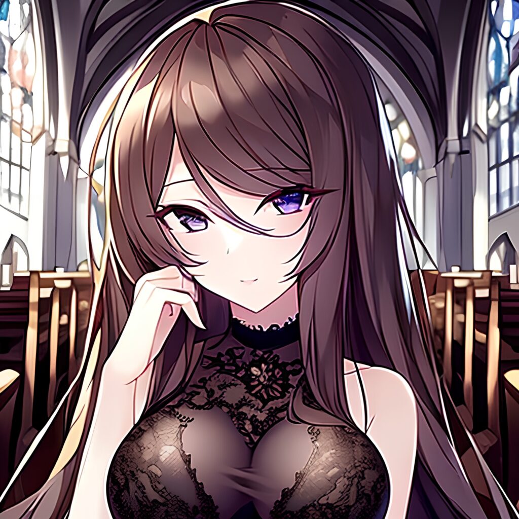 fishnet church woman messy hair long hair brunette 