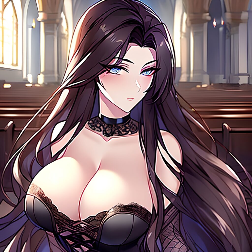fishnet church woman messy hair long hair brunette
