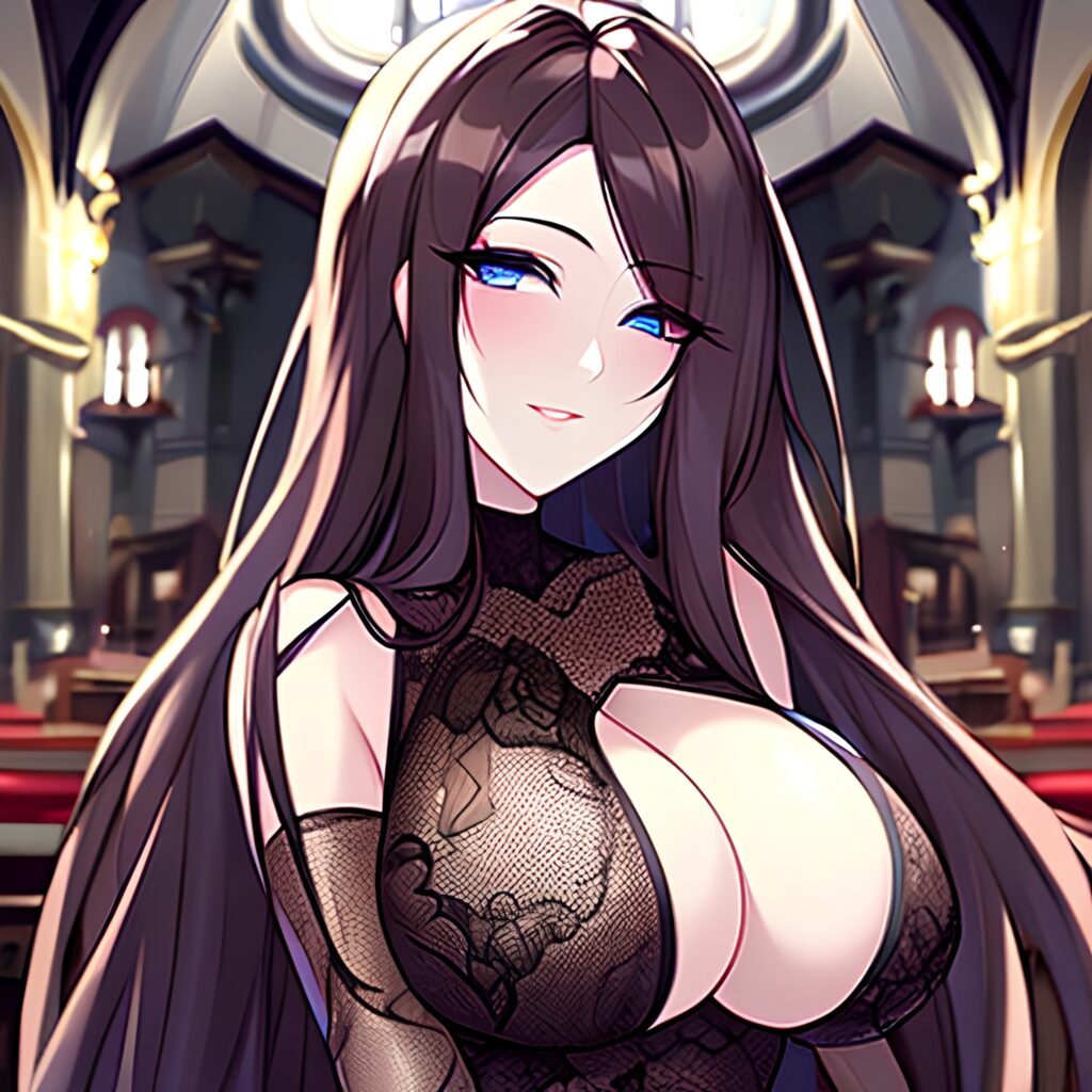 fishnet church woman messy hair long hair brunette 