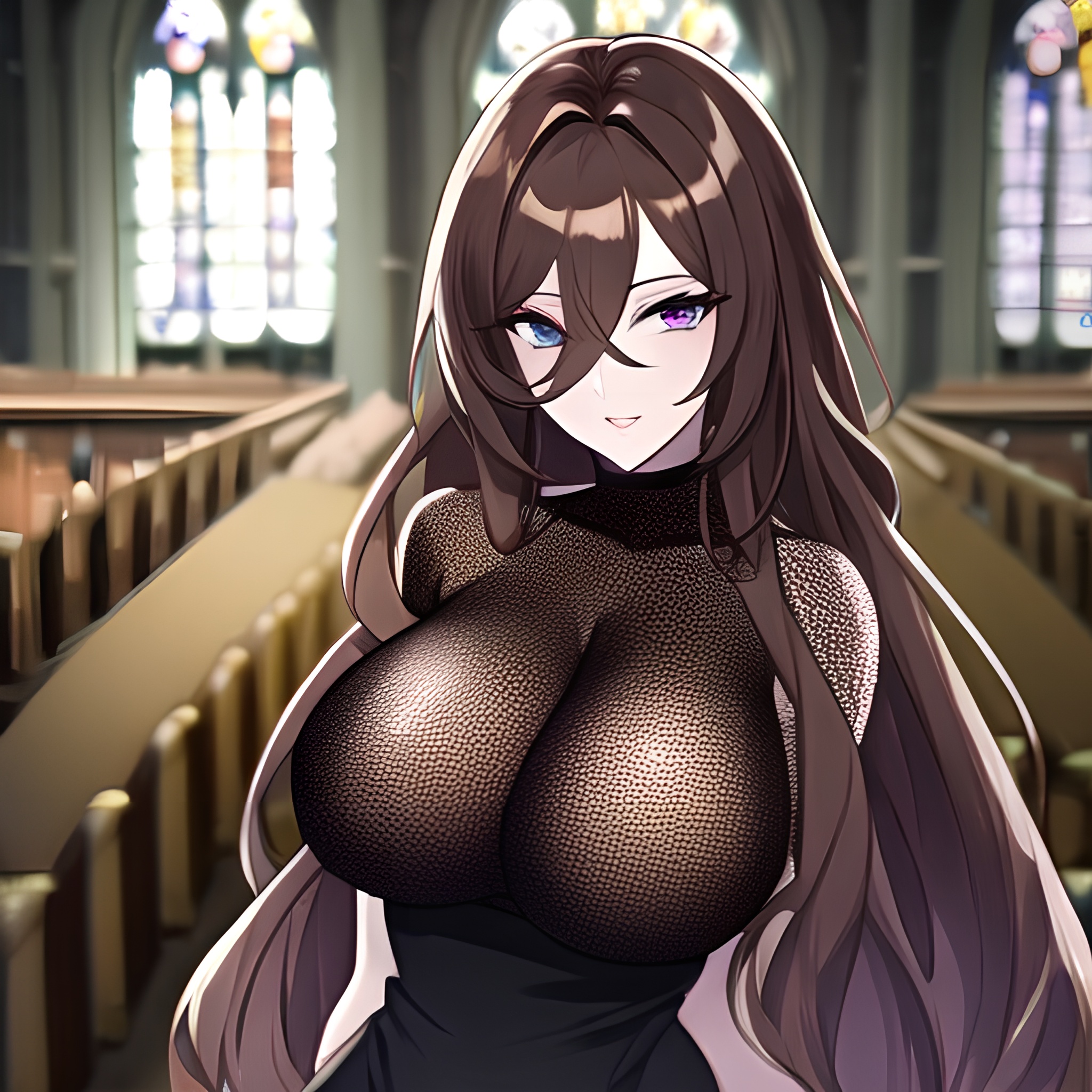 fishnet church woman messy hair long hair brunette 
