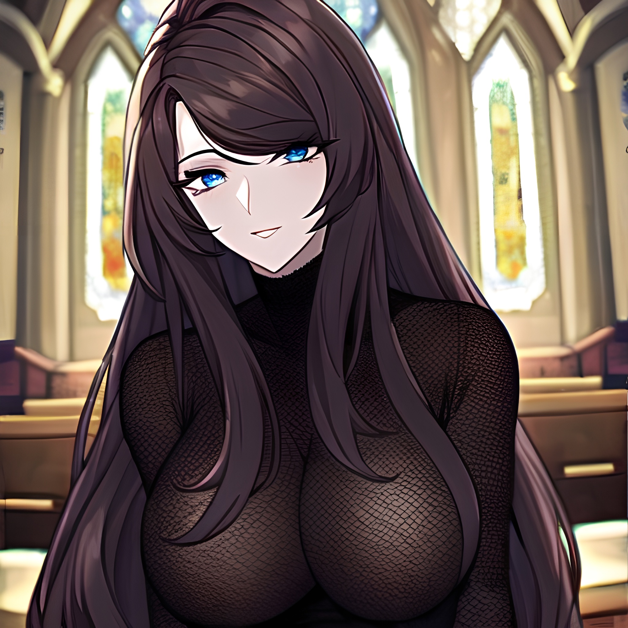fishnet church woman messy hair long hair brunette 