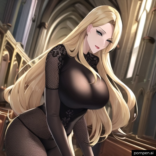 fishnet front view blonde long hair woman church nude small boobs