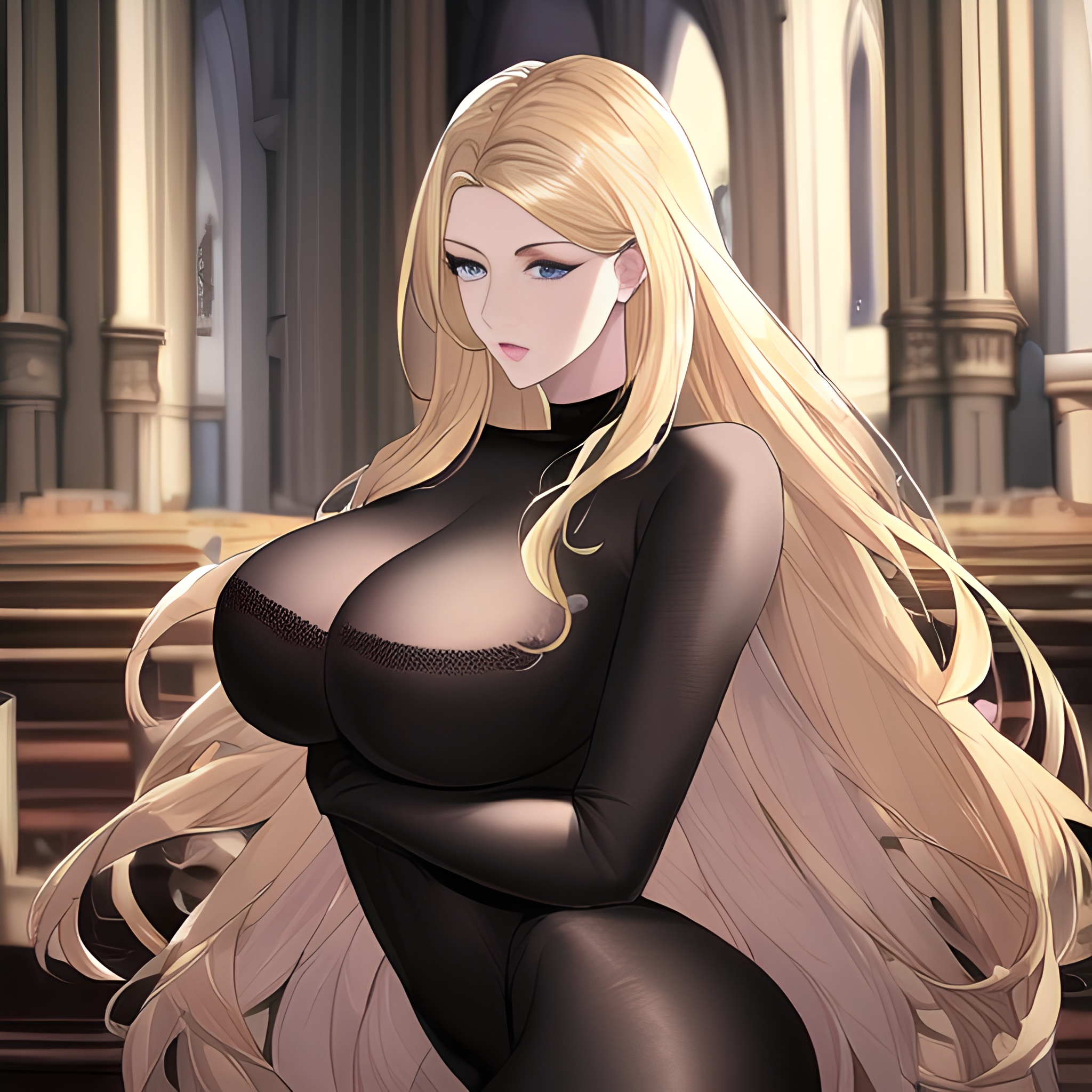 fishnet front view long hair church small boobs nude woman blonde
