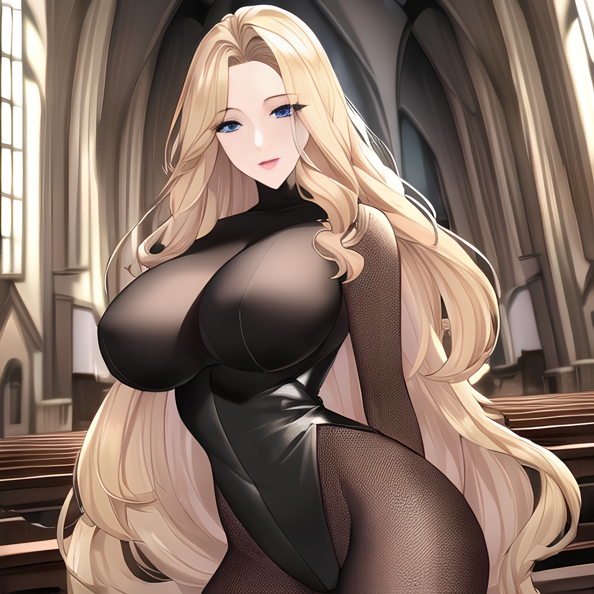 fishnet front view nude blonde church long hair small boobs woman 