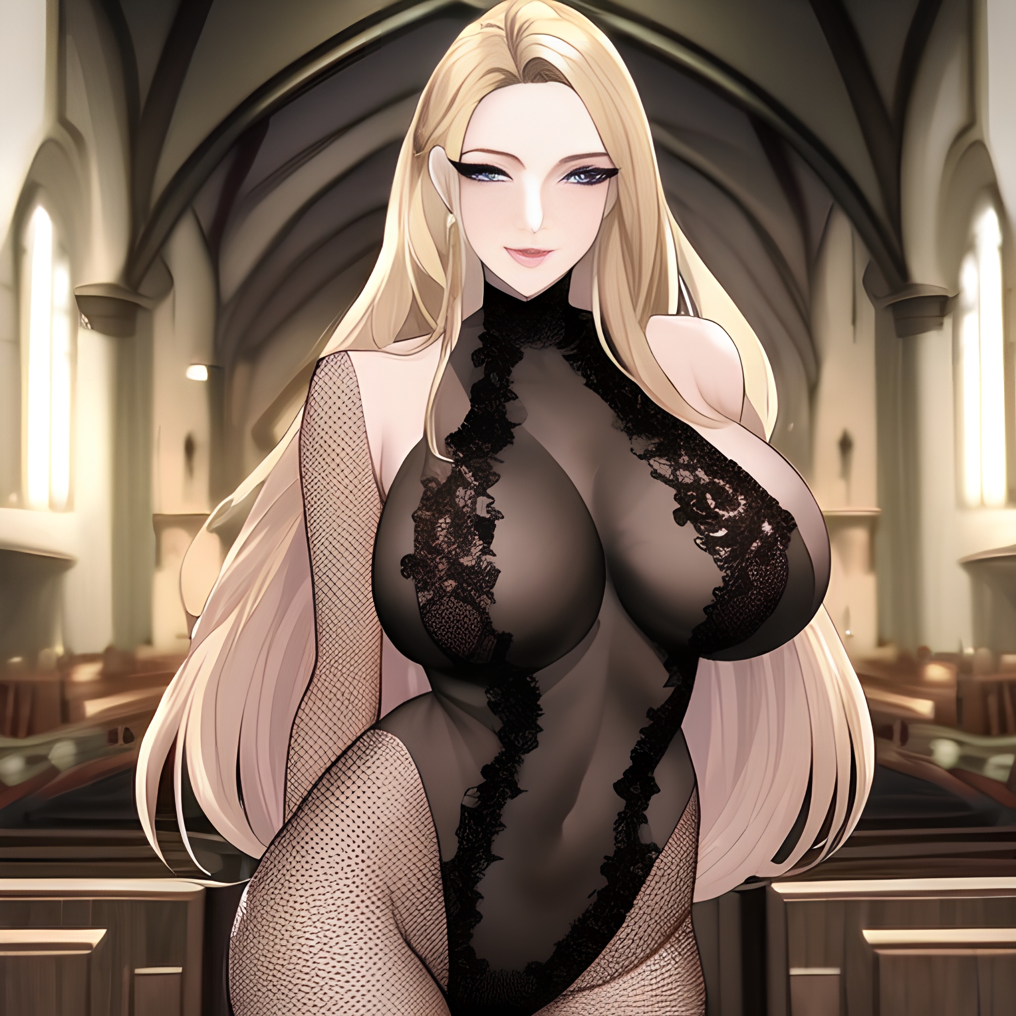 fishnet front view nude small boobs woman blonde church long hair 