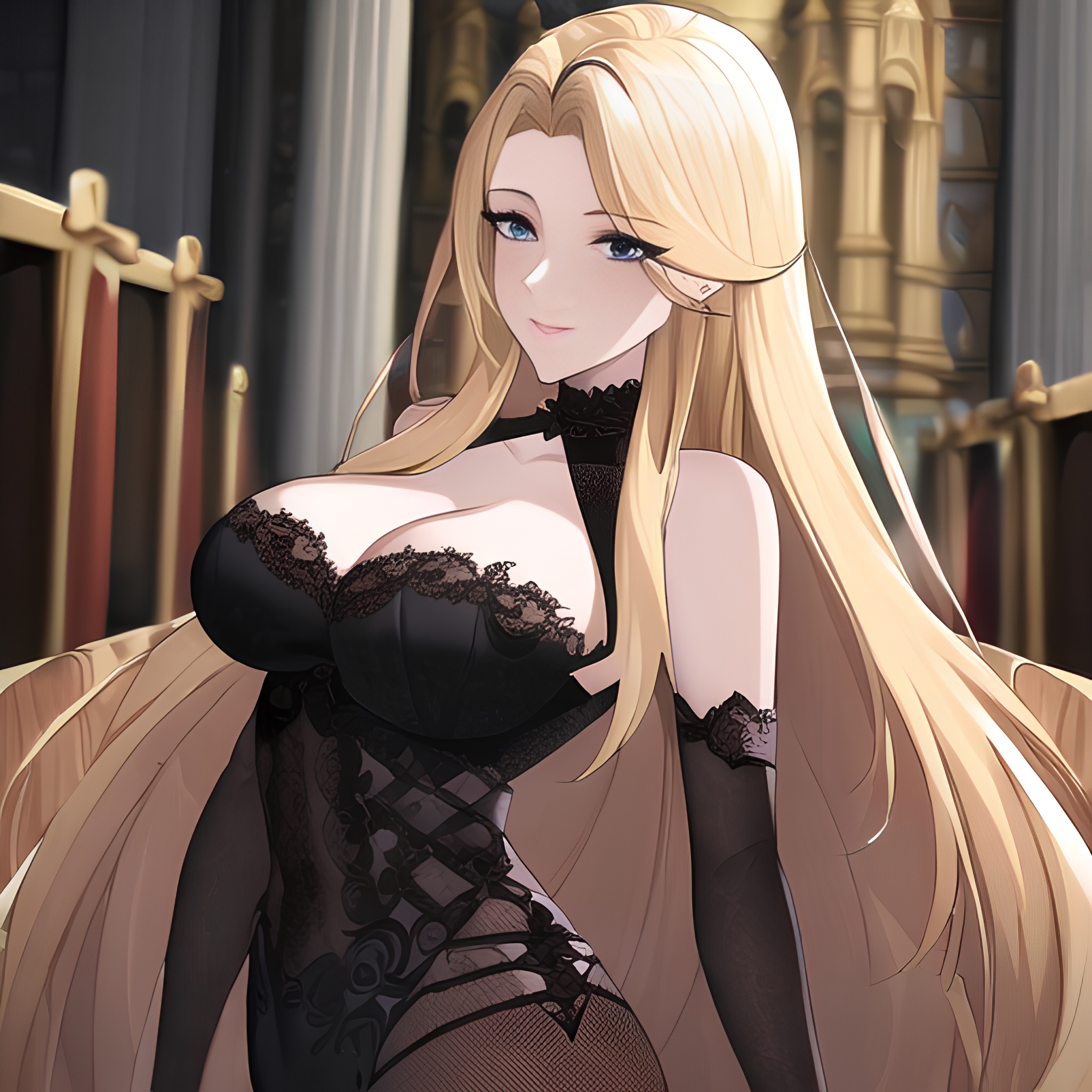 fishnet front view nude woman church long hair small boobs blonde