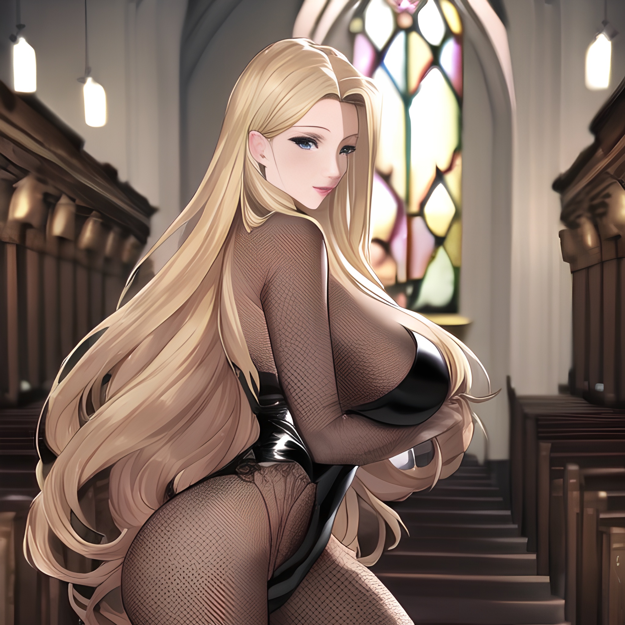 fishnet front view small boobs nude woman church long hair blonde 