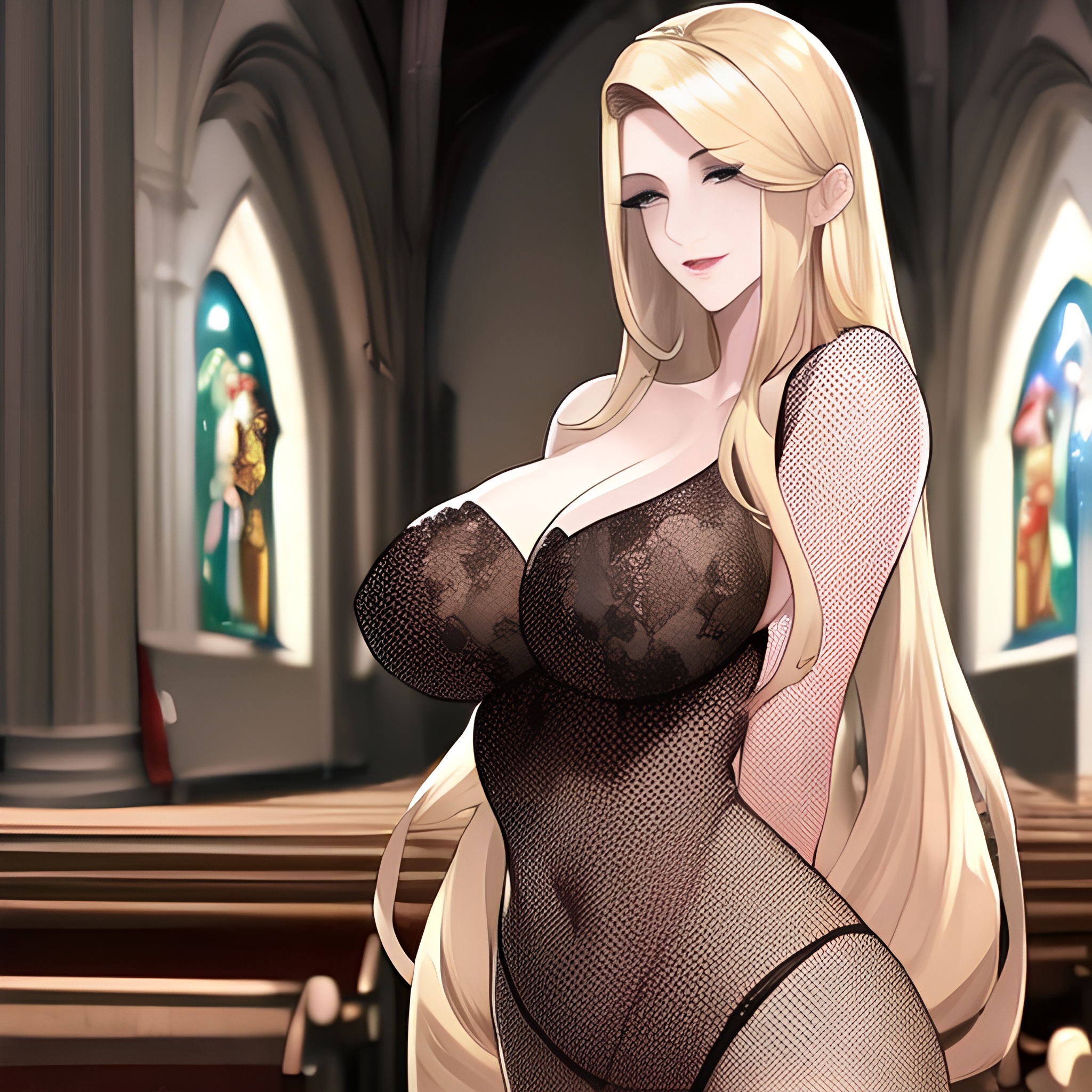 fishnet front view woman blonde church small boobs long hair nude 