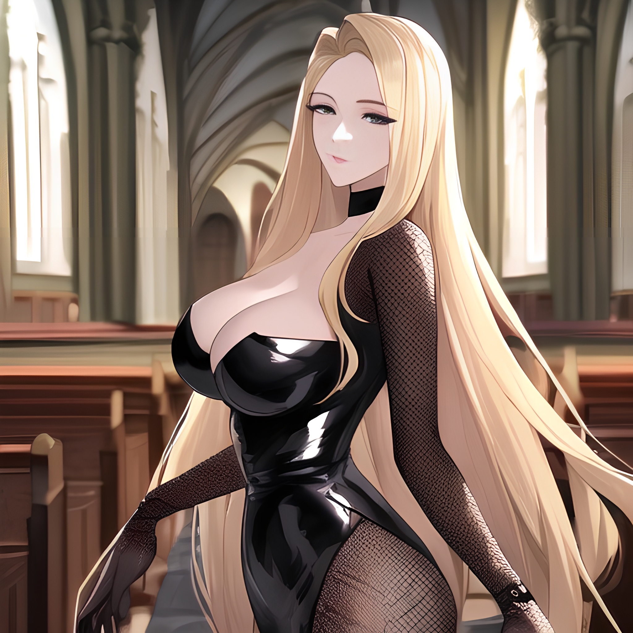 fishnet front view woman long hair blonde church small boobs nude 