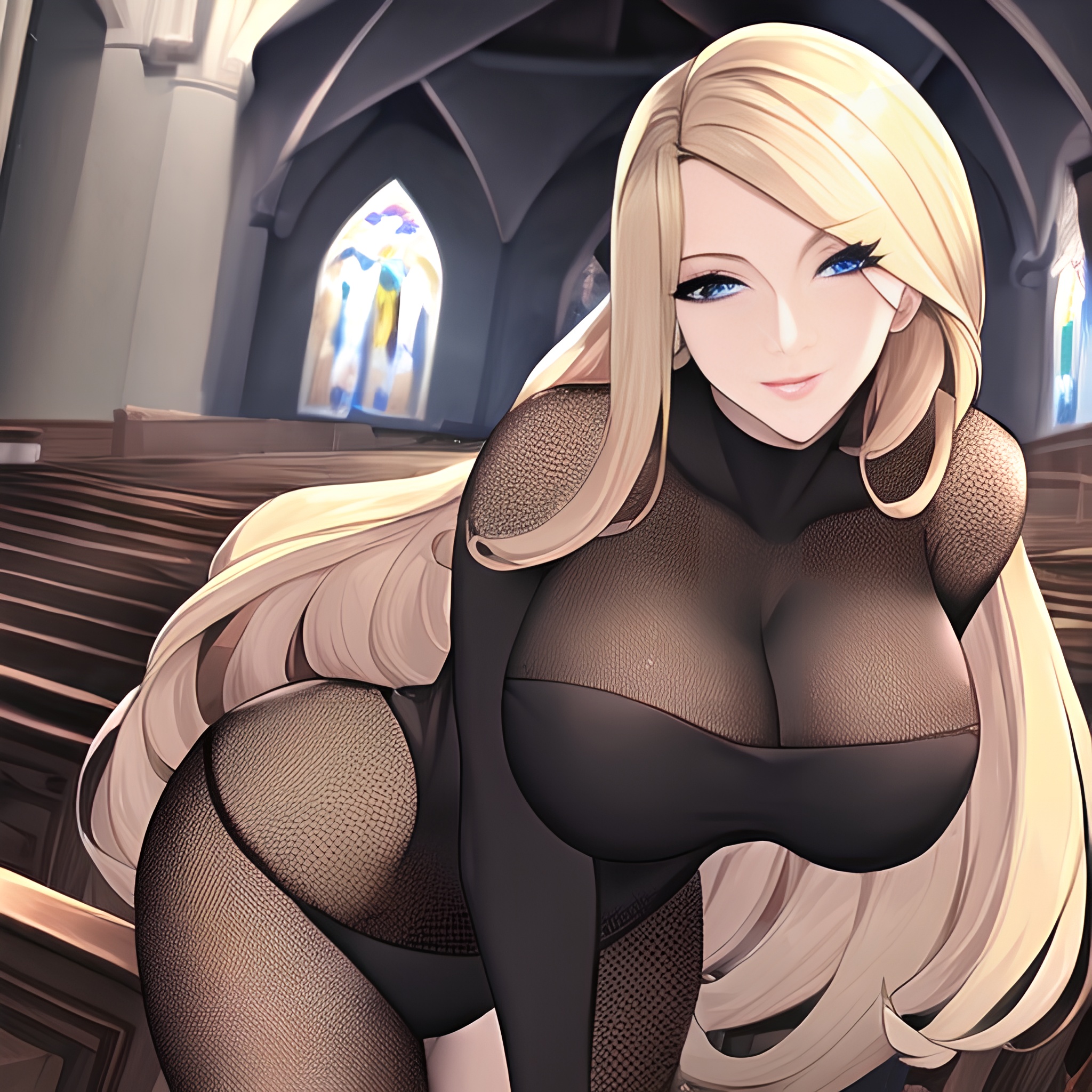 fishnet front view woman long hair nude small boobs blonde church 