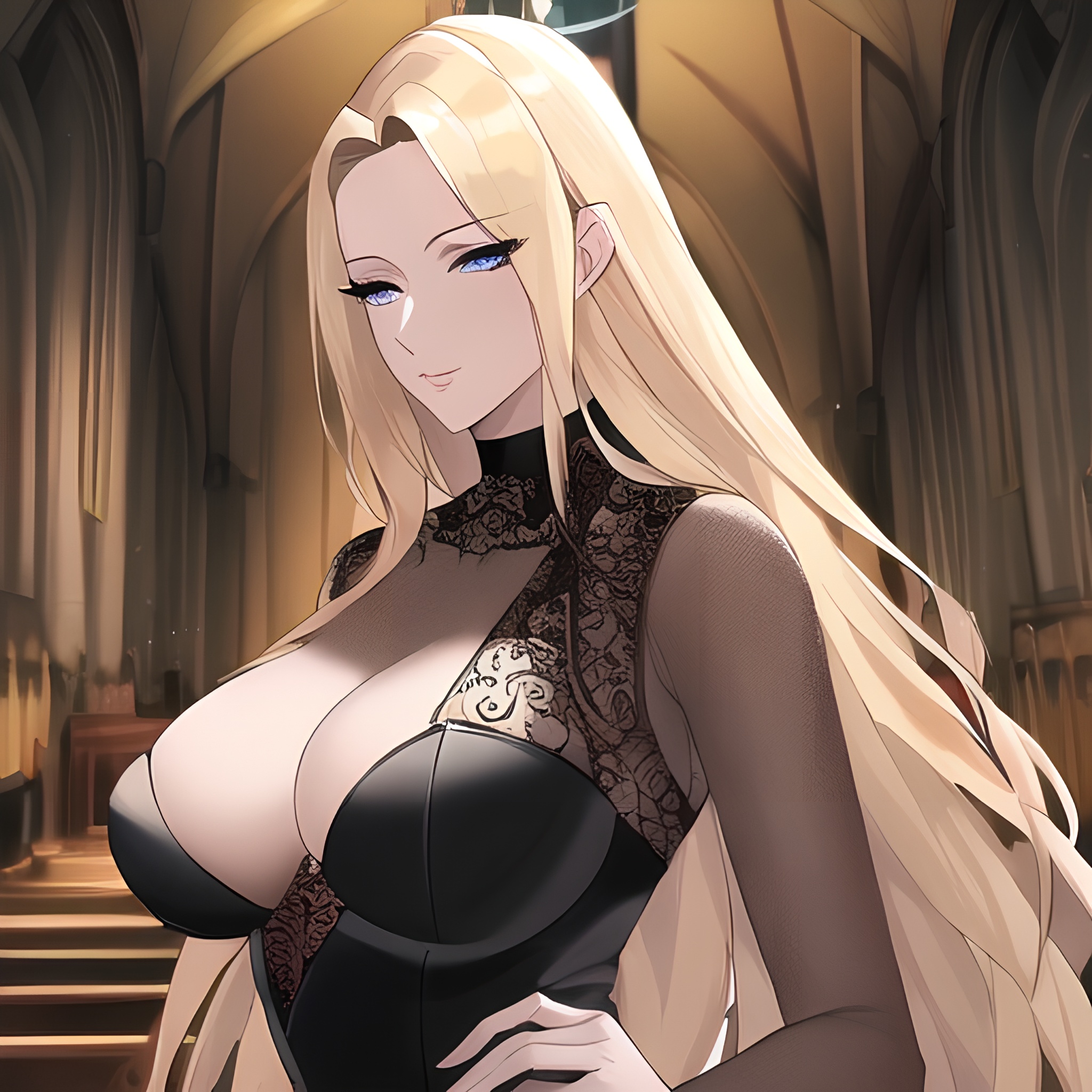 fishnet front view woman long hair small boobs church nude blonde 