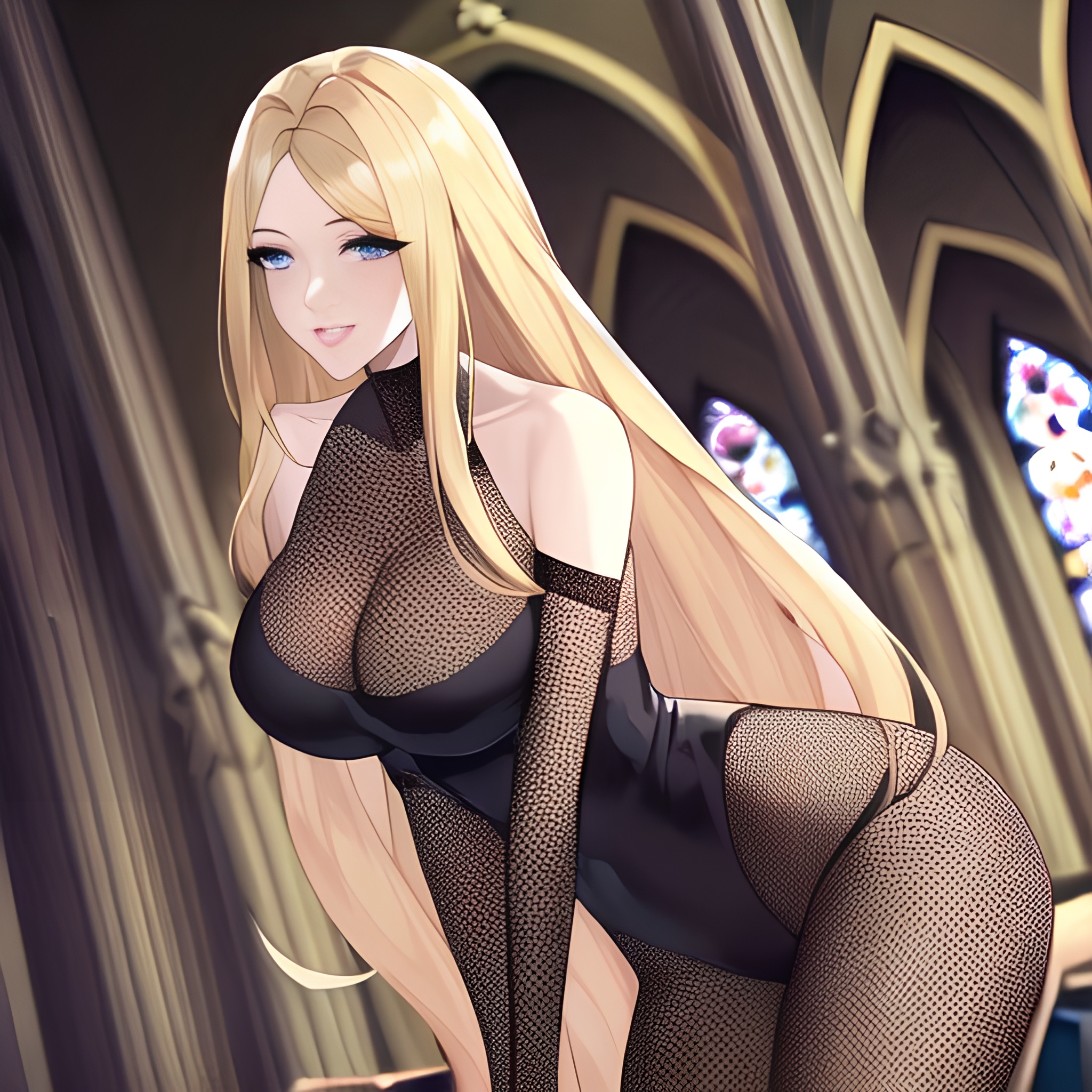 fishnet front view woman nude small boobs church blonde long hair 