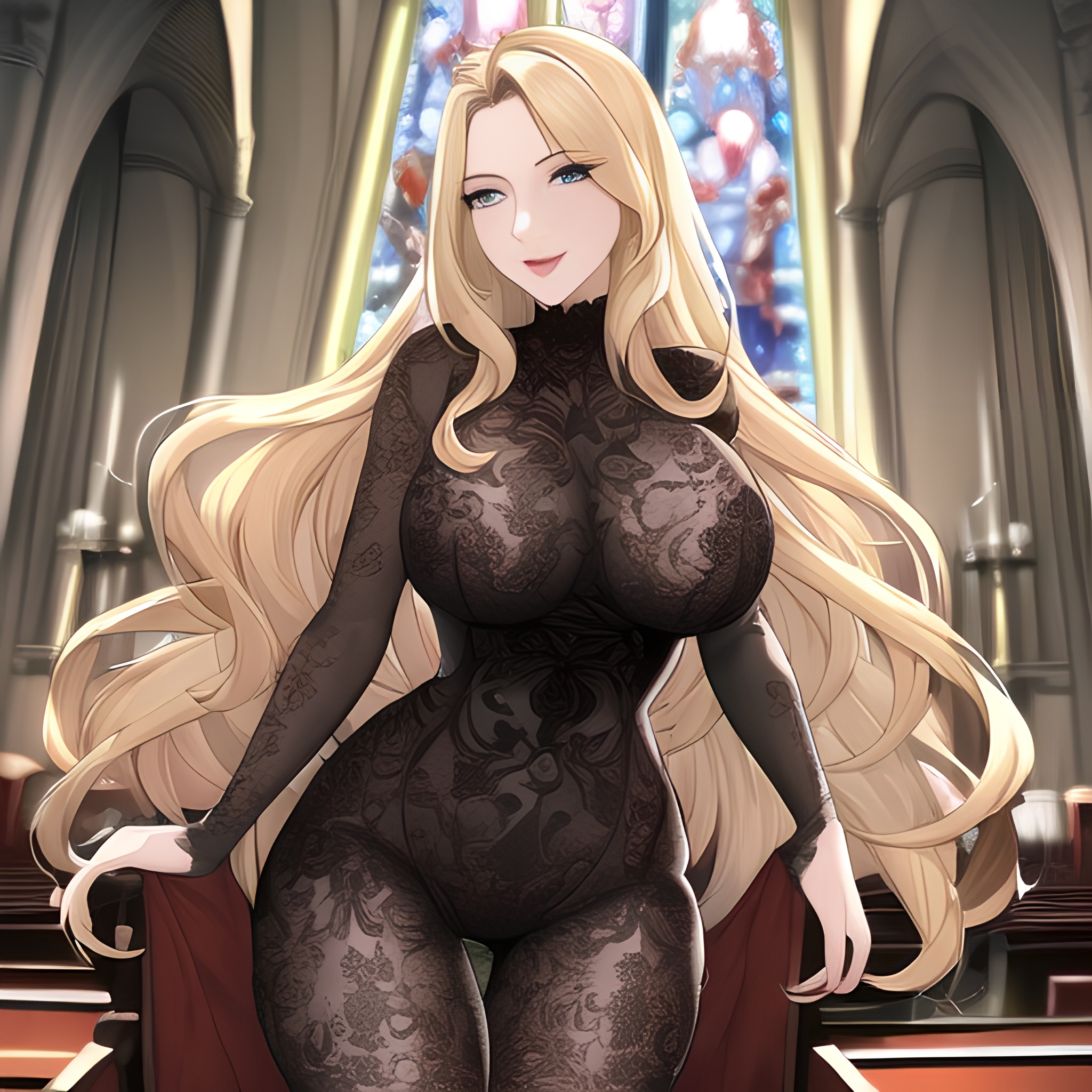 fishnet front view woman small boobs nude blonde church long hair 