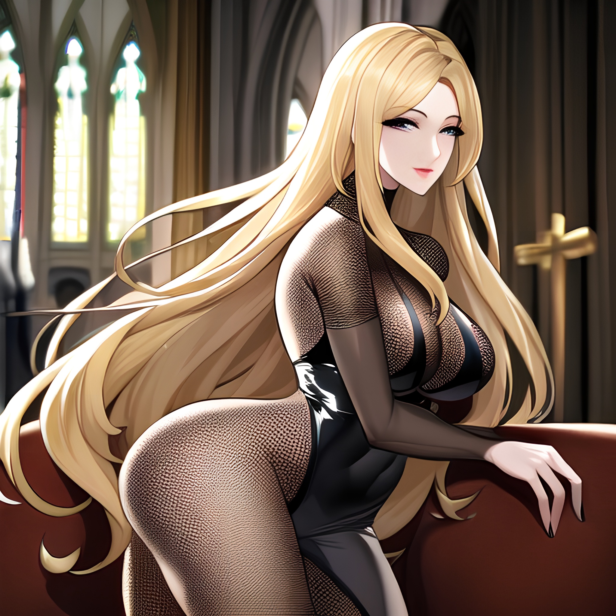 fishnet long hair blonde church woman 