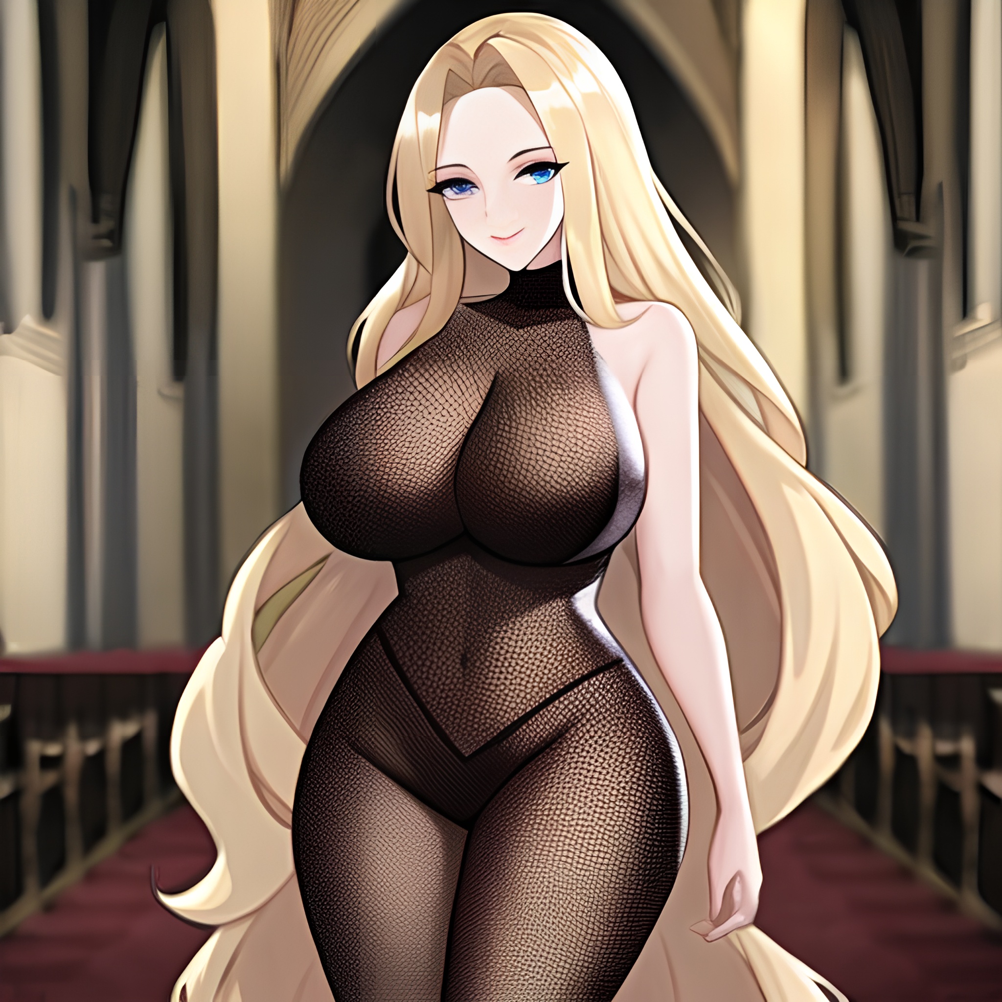 fishnet long hair blonde church woman