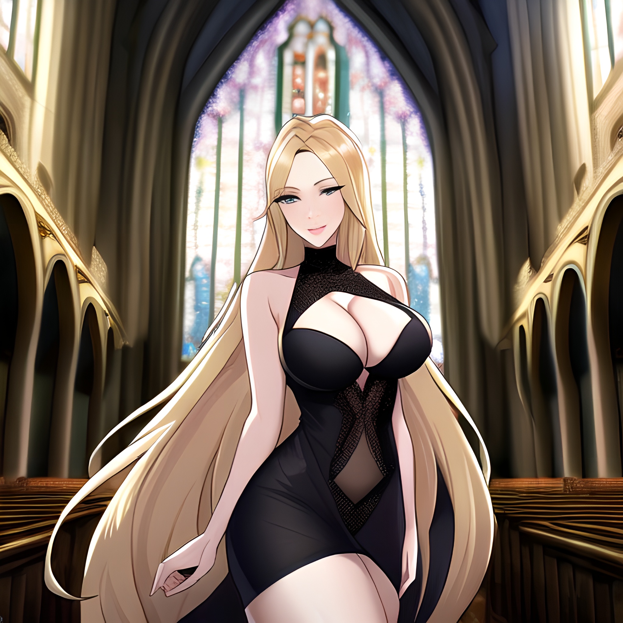 fishnet long hair blonde church woman 