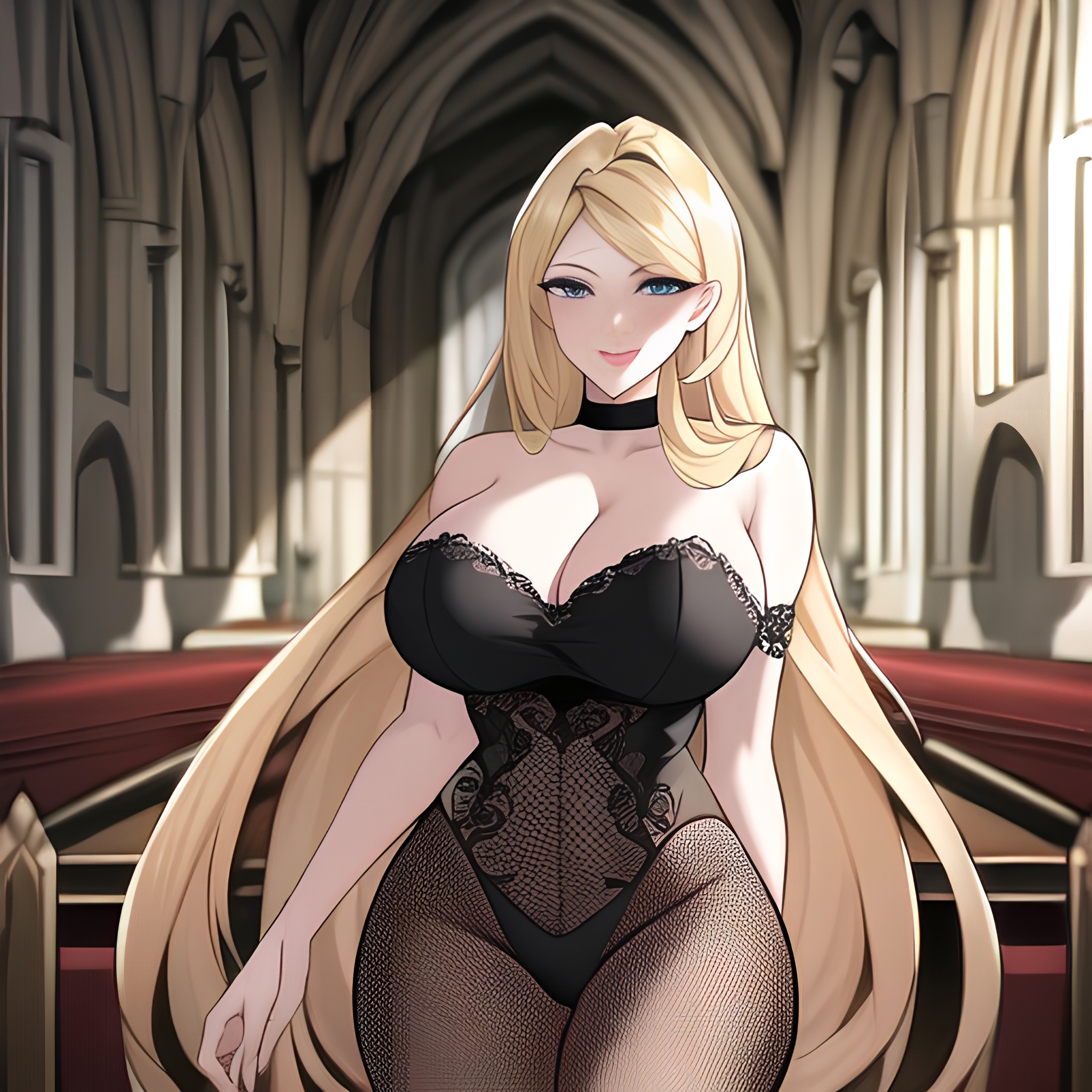 fishnet long hair blonde church woman 