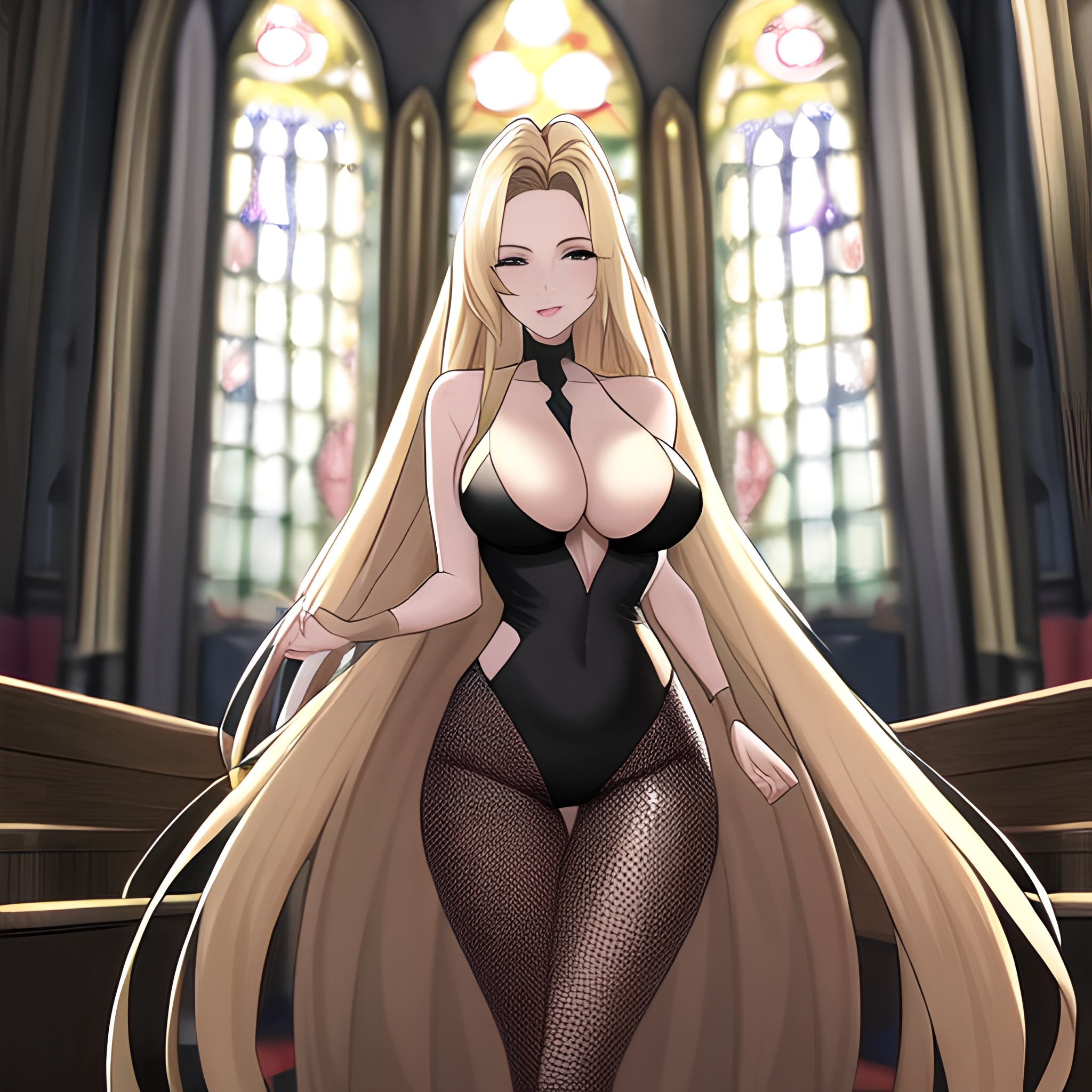 fishnet long hair blonde church woman 