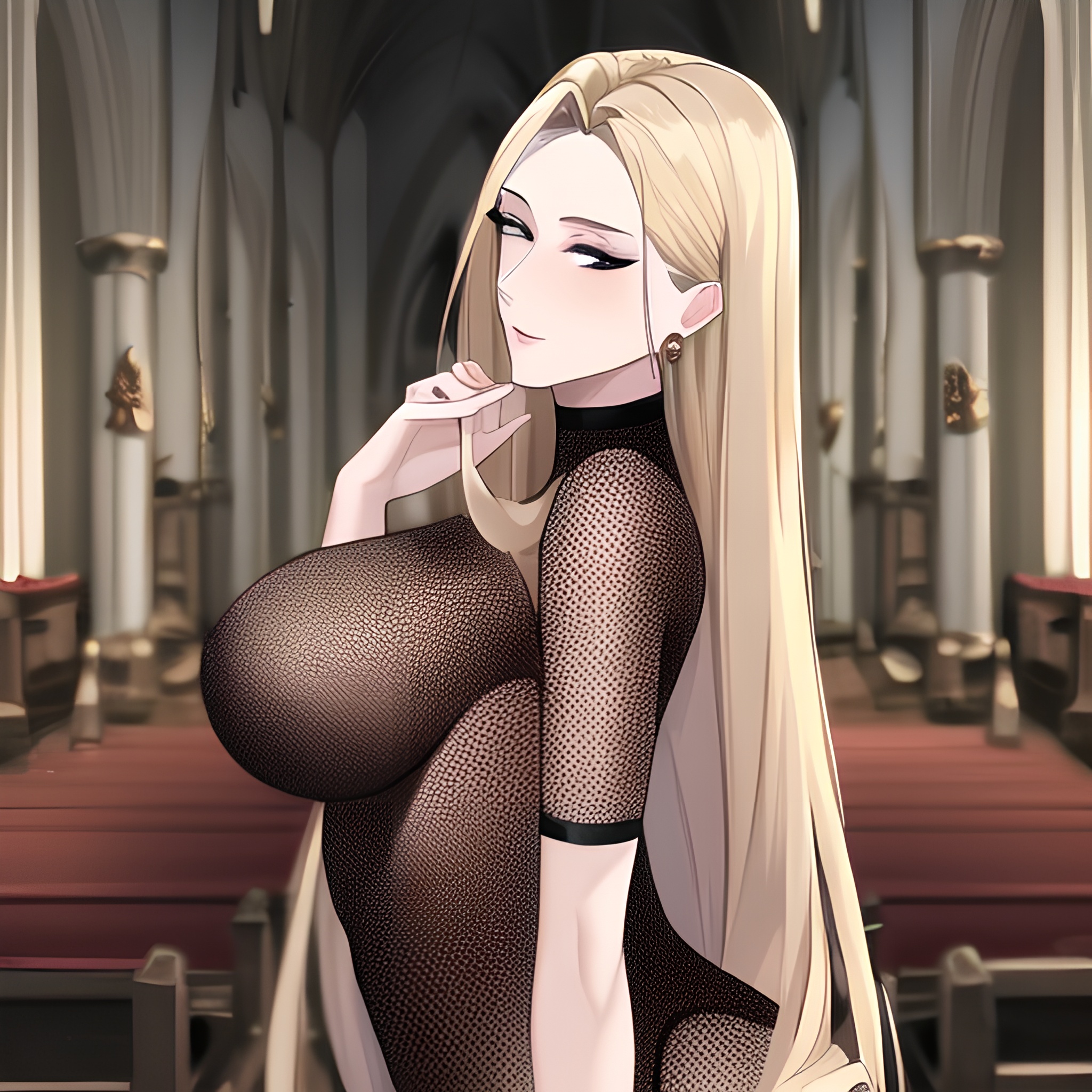 fishnet long hair blonde church woman front view nude small boobs 