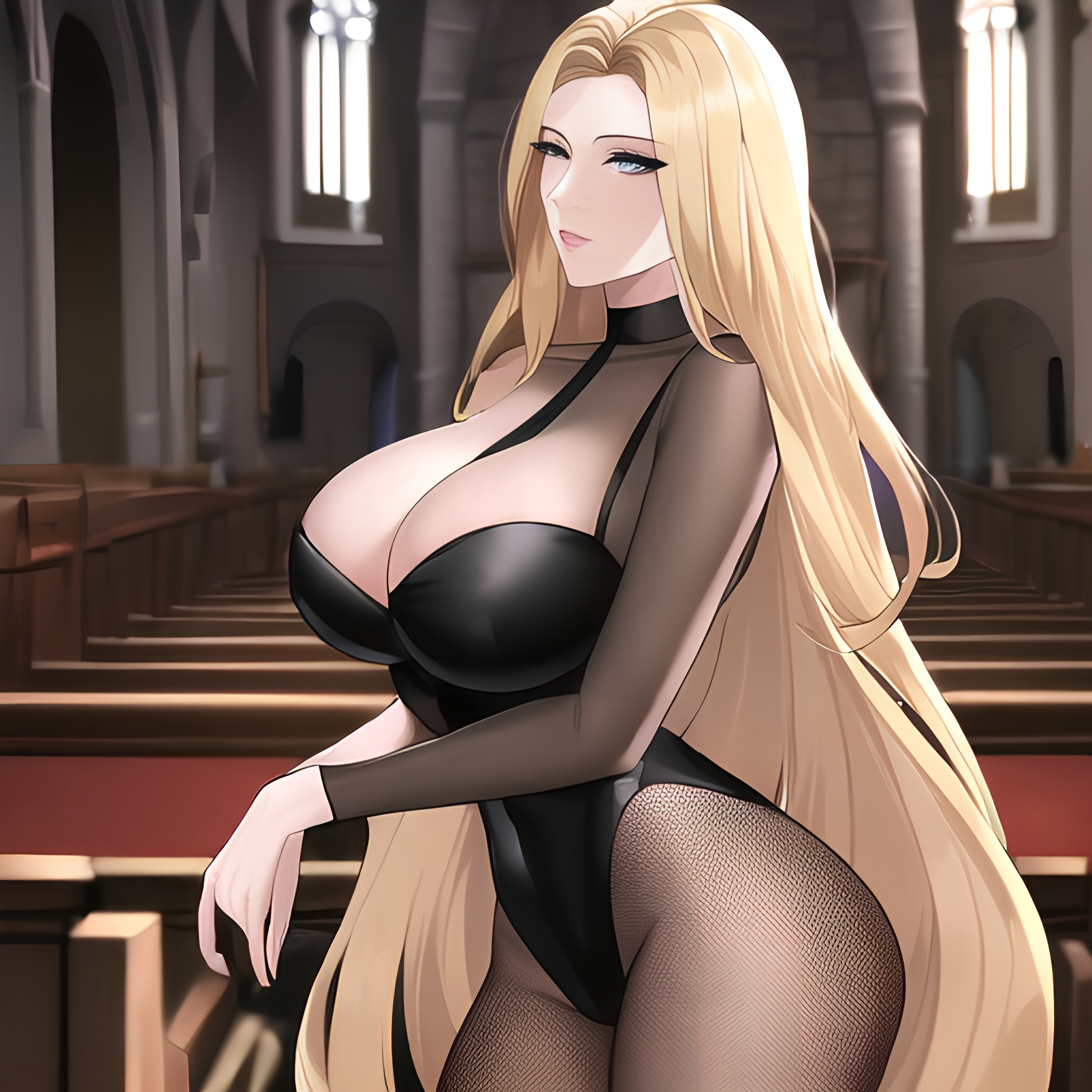 fishnet long hair blonde front view nude church small boobs woman 