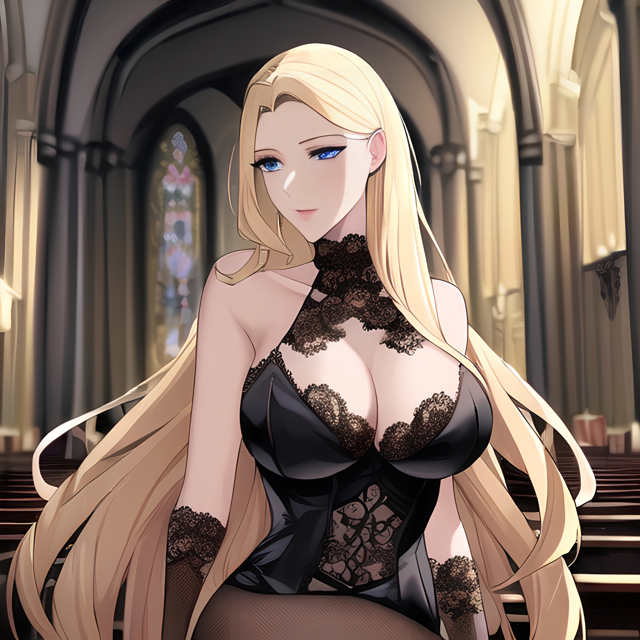 fishnet long hair blonde front view small boobs nude church woman 