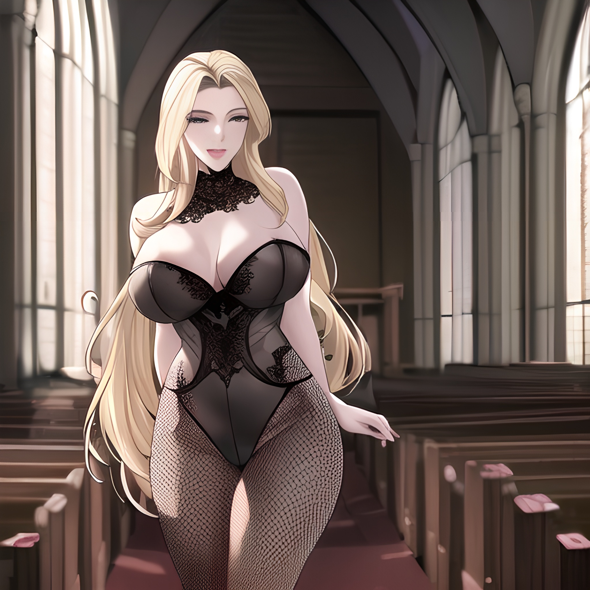 fishnet long hair blonde small boobs nude front view church woman 