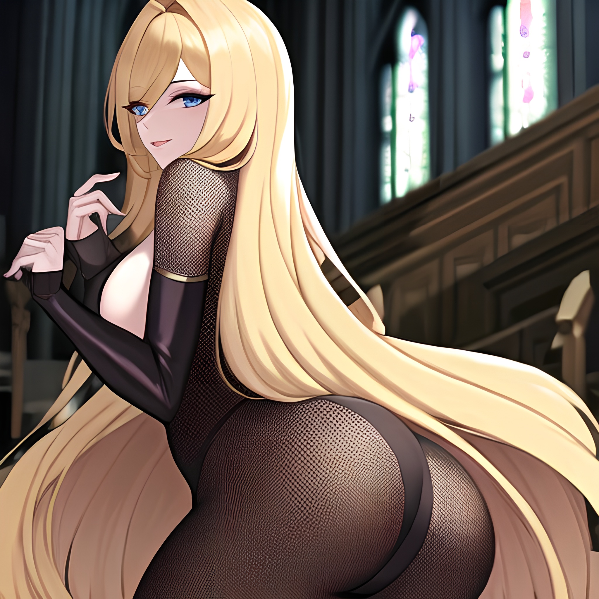 fishnet long hair blonde woman church 