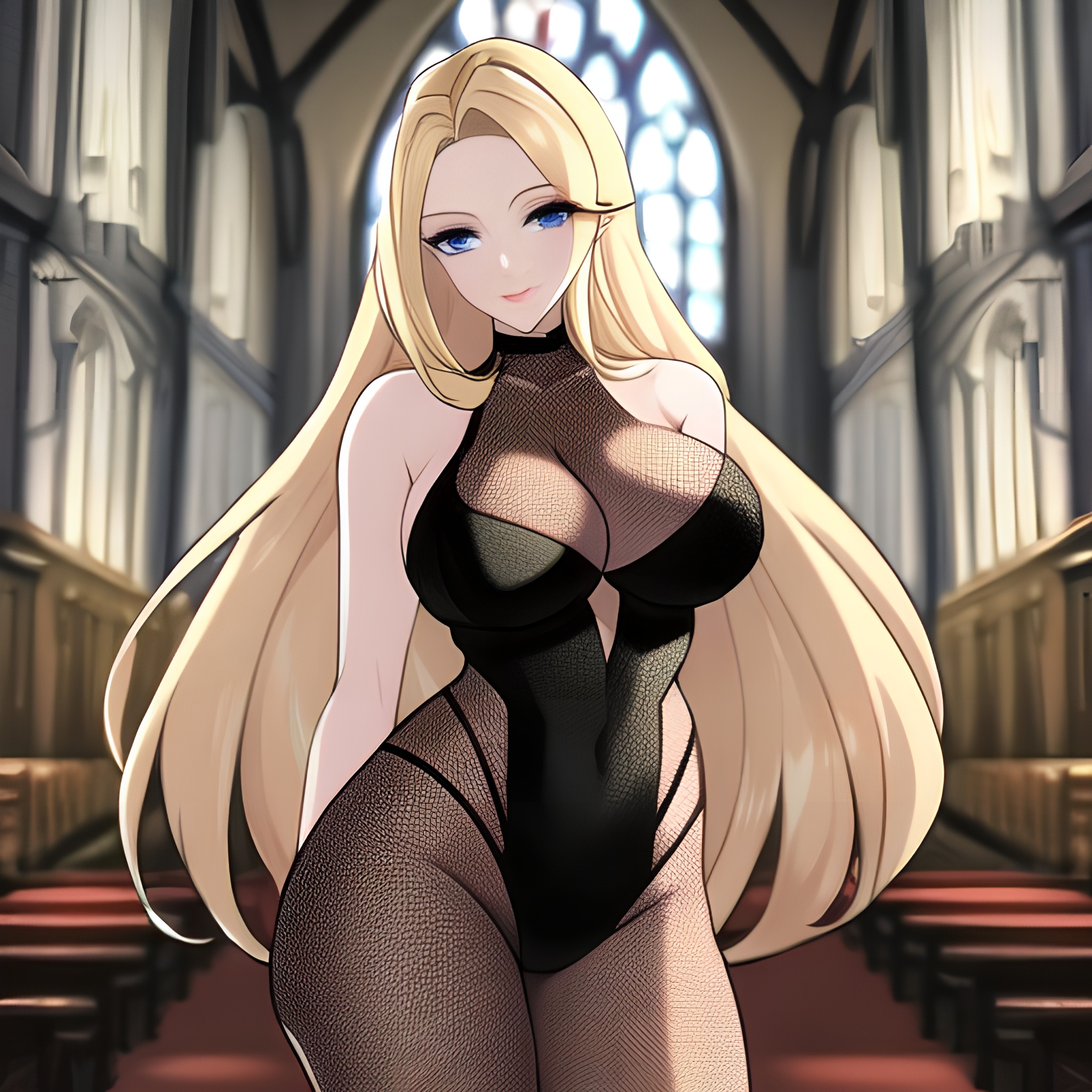 fishnet long hair blonde woman church 