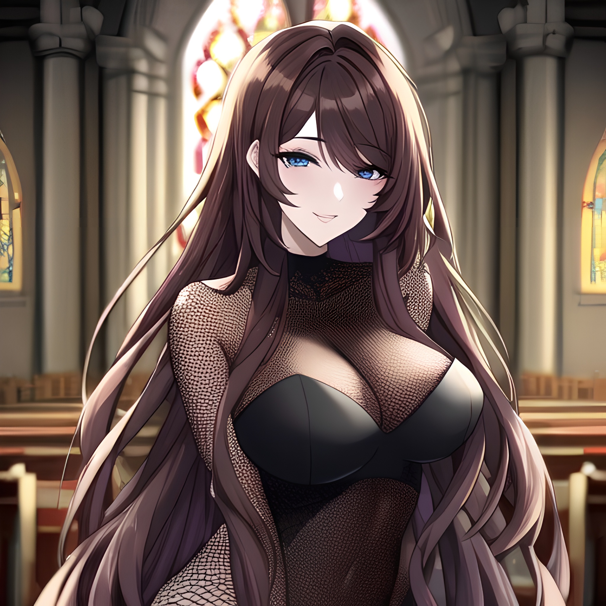 fishnet long hair brunette church messy hair woman 